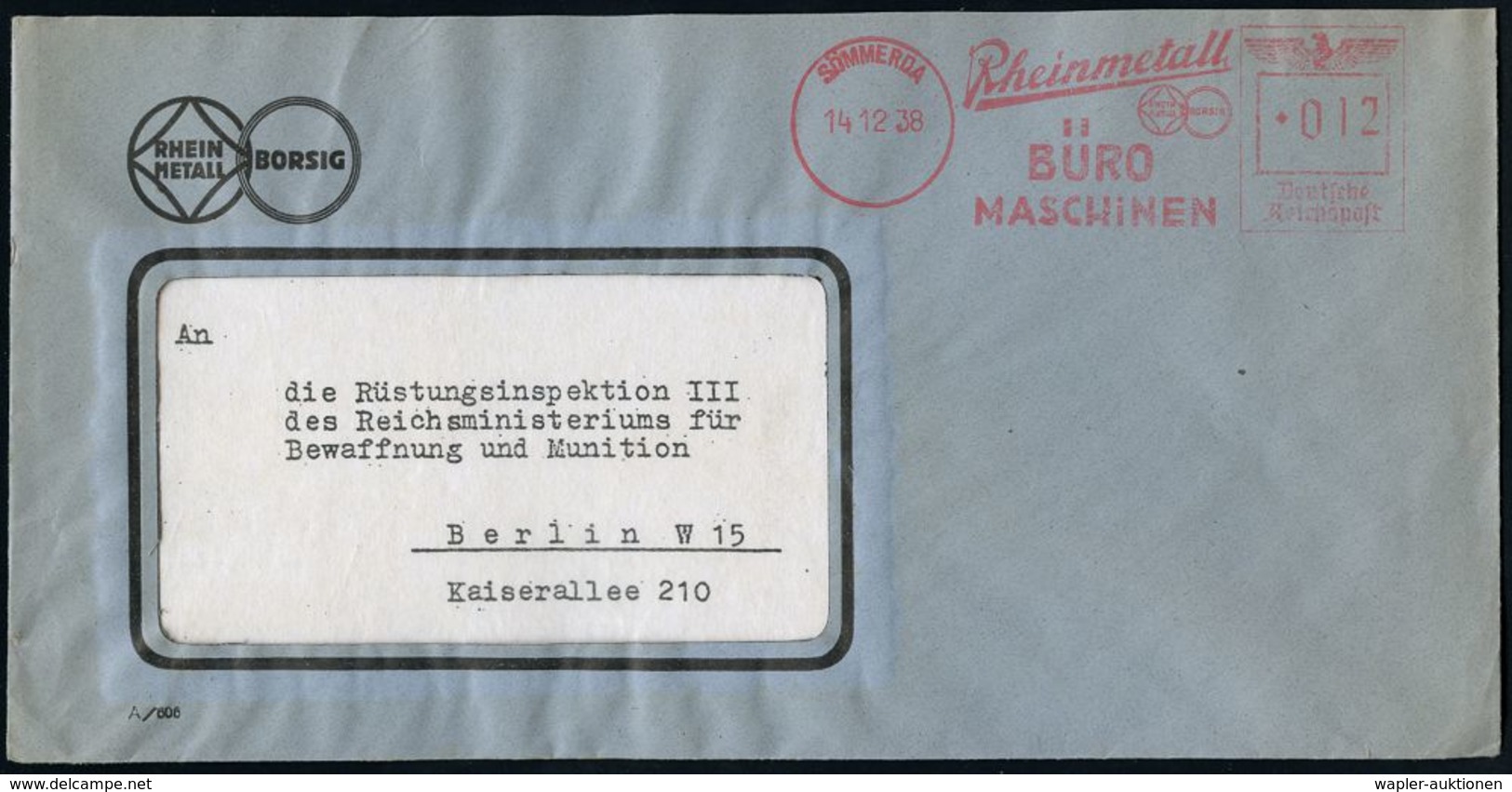 BÜRO / SCHREIBGERÄTE / SCHREIBMASCHINE : SÖMMERDA/ Rheinmetall/ ..BORSIG/ BÜRO/ MASCHINEN 1938 (14.12.) AFS = Firmen-Log - Non Classificati