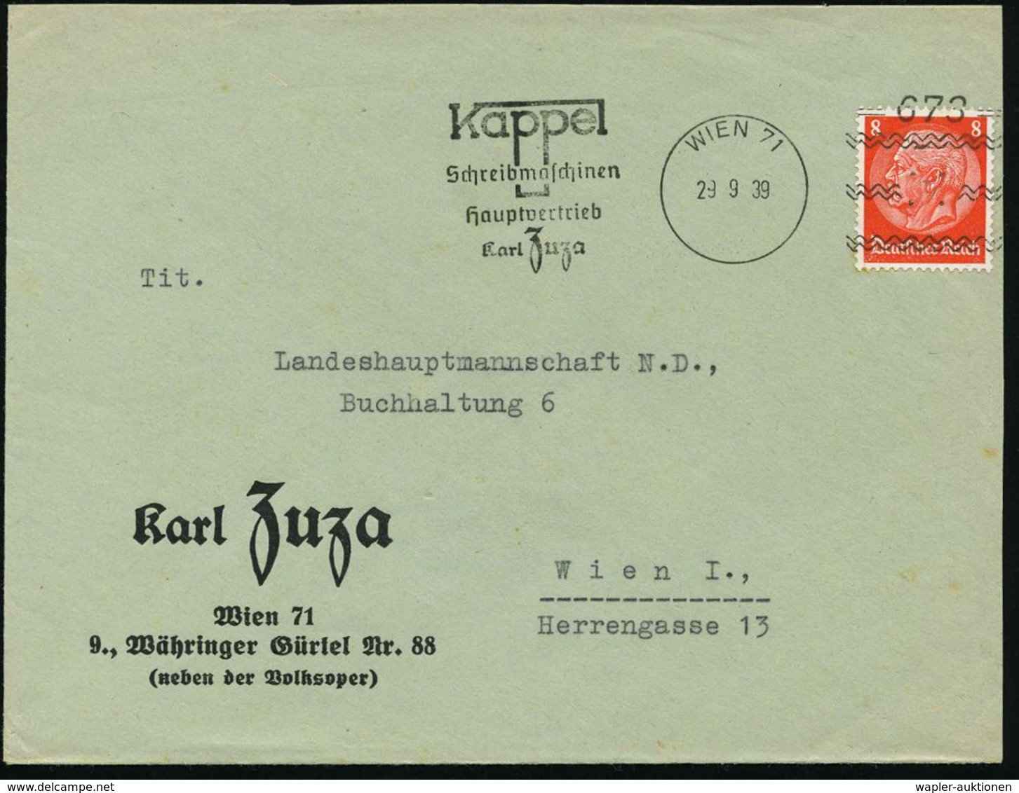 BÜRO / SCHREIBGERÄTE / SCHREIBMASCHINE : WIEN 71/ =673=/ Kappel/ Schreibmaschinen/ Hauptvertrieb/ Karl Zuza 1939 (29.9.) - Ohne Zuordnung