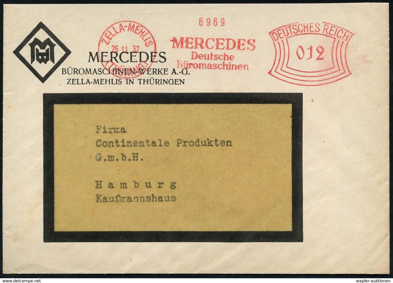 BÜRO / SCHREIBGERÄTE / SCHREIBMASCHINE : ZELLA-MEHLIS/ (THÜRING)/ MERCEDES/ Deutsche/ Büromaschinen 1932 (26.11.) AFS Au - Non Classés