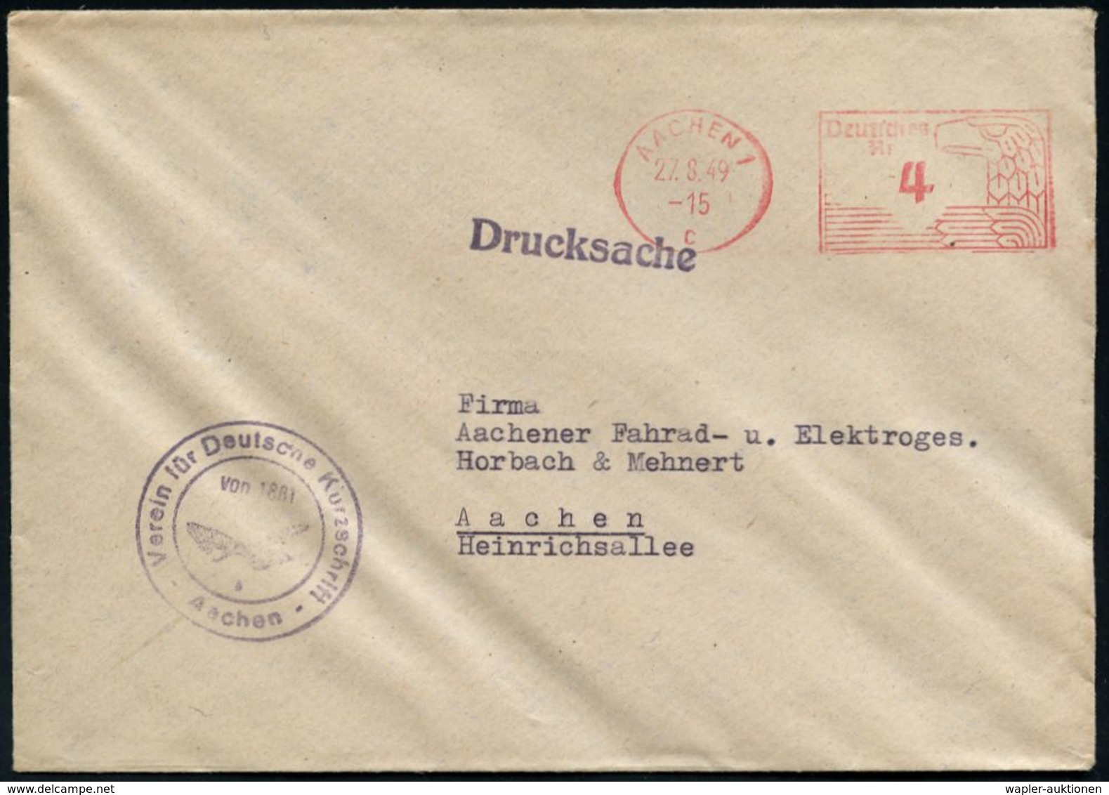 STENOGRAFIE & GABELSBERGER / KURZSCHRIFT : AACHEN 1/ C/ Deutsches/ Reich 1949 (27.8.) Aptierter PFS "Adlerkopf/Hakenkreu - Ohne Zuordnung