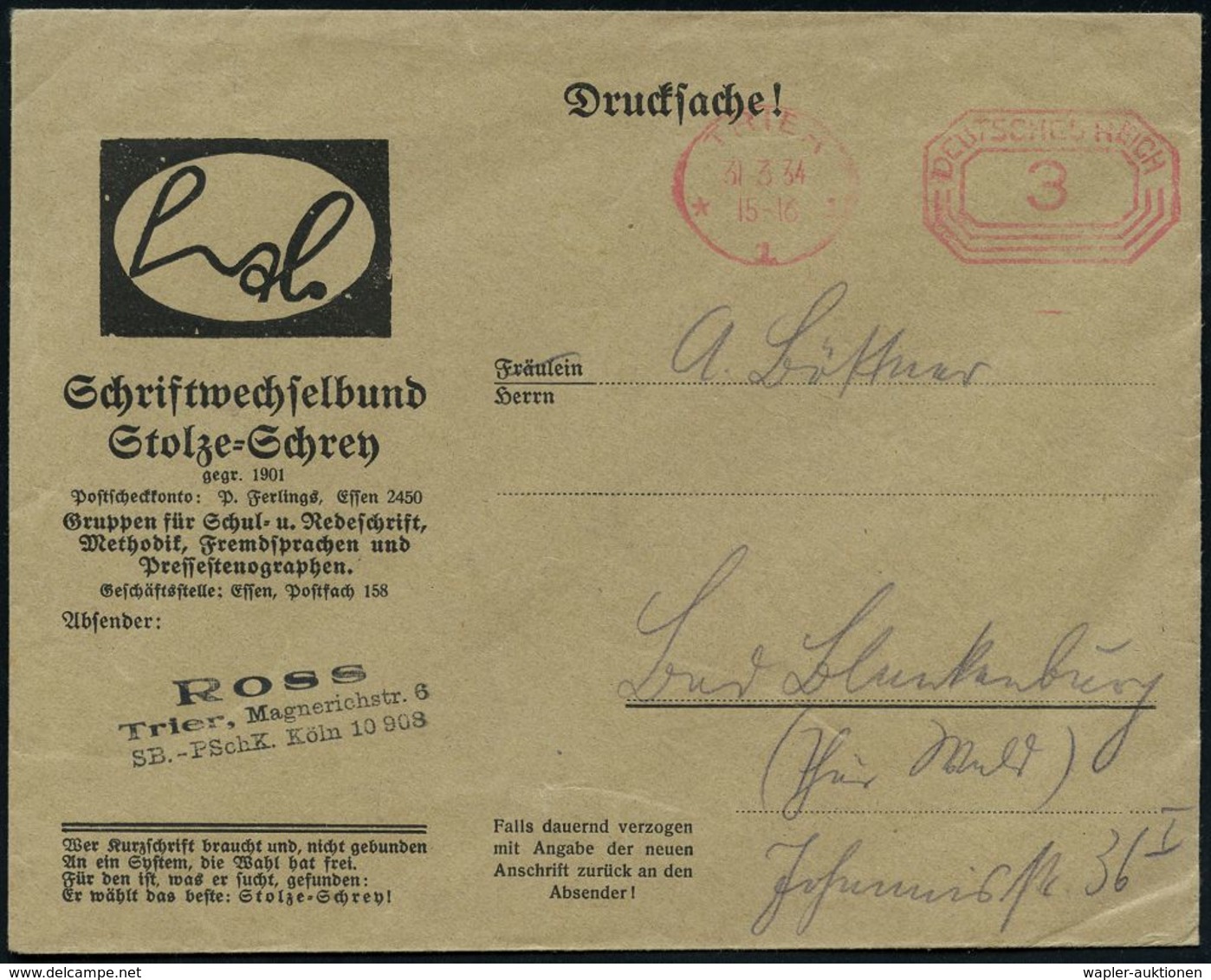 STENOGRAFIE & GABELSBERGER / KURZSCHRIFT : TRIER/ *1III/ DEUTSCHES REICH 1934 (31.3.) PFS Achteck "DEUTSCHES REICH" Auf  - Ohne Zuordnung