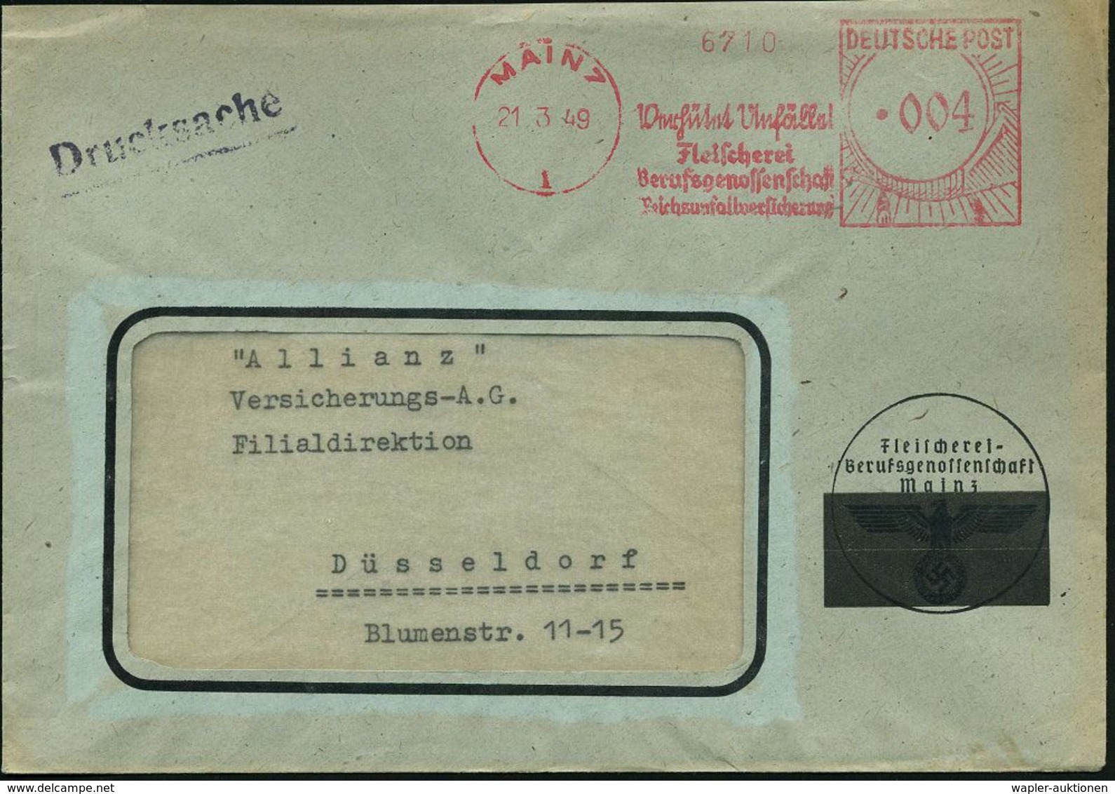 SÜTTERLIN : MAINZ/ 1/ Verhütet Unfälle!/ Fleischerei/ Berufsgenossenschaft/ Reichsunfallversicherung 1949 (21.3.) Selten - Non Classificati
