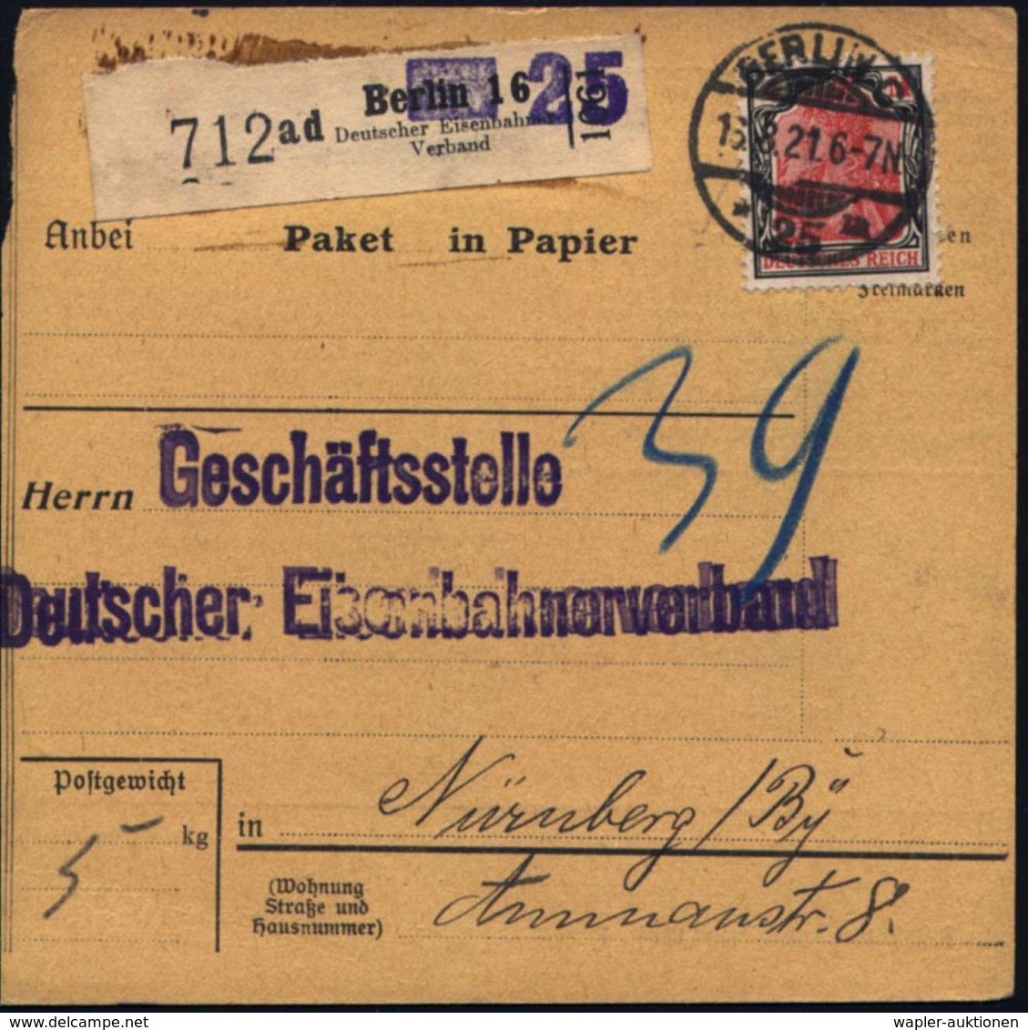 EISENBAHN (ALLGEMEIN) : BERLIN C./ *25m 1921 (16.8.) 1K-Gitter + Provis. Selbstbucher-Paketzettel: Berlin 16/ Deutscher  - Trains