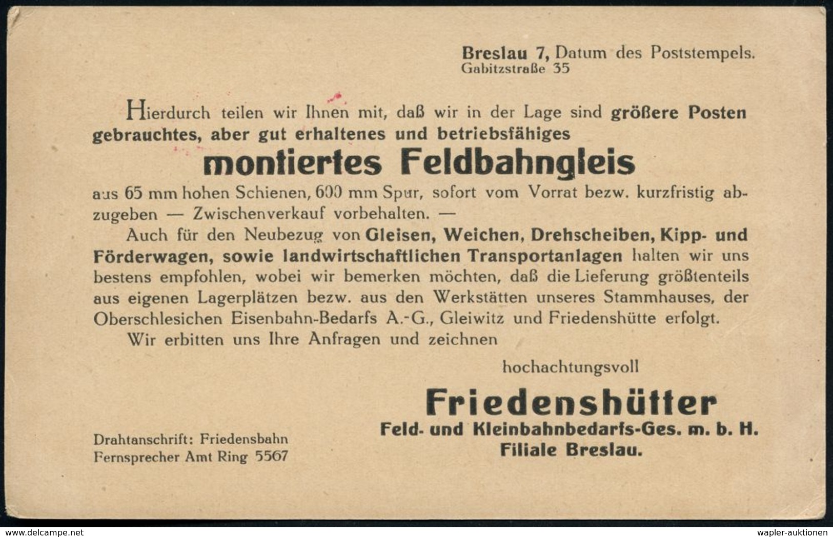 EISENBAHN (ALLGEMEIN) : BRESLAU/ *1II 1922 (26.8.) Roter Infla-PFS "Zierrahmen" 50 Pf. Auf Dekorativen Reklame-Bf.: F F  - Treni