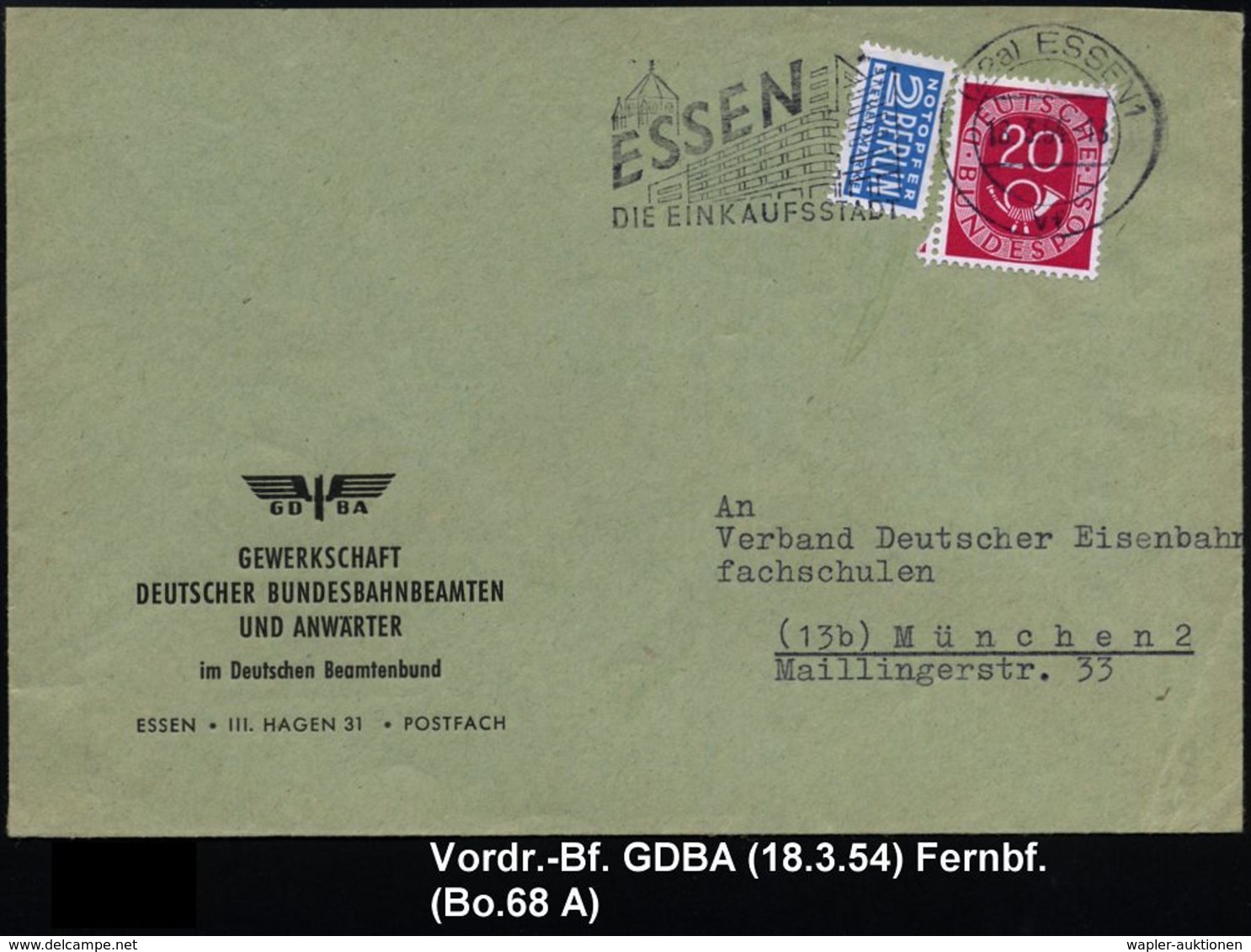 EISENBAHN (ALLGEMEIN) : Essen 1954 (18.3.) Vordr.-Bf.: GD BA, GEWERKSCHAFT DEUTSCHER EISENBAHNBEAMTEN.. (geflügeltes Rad - Eisenbahnen