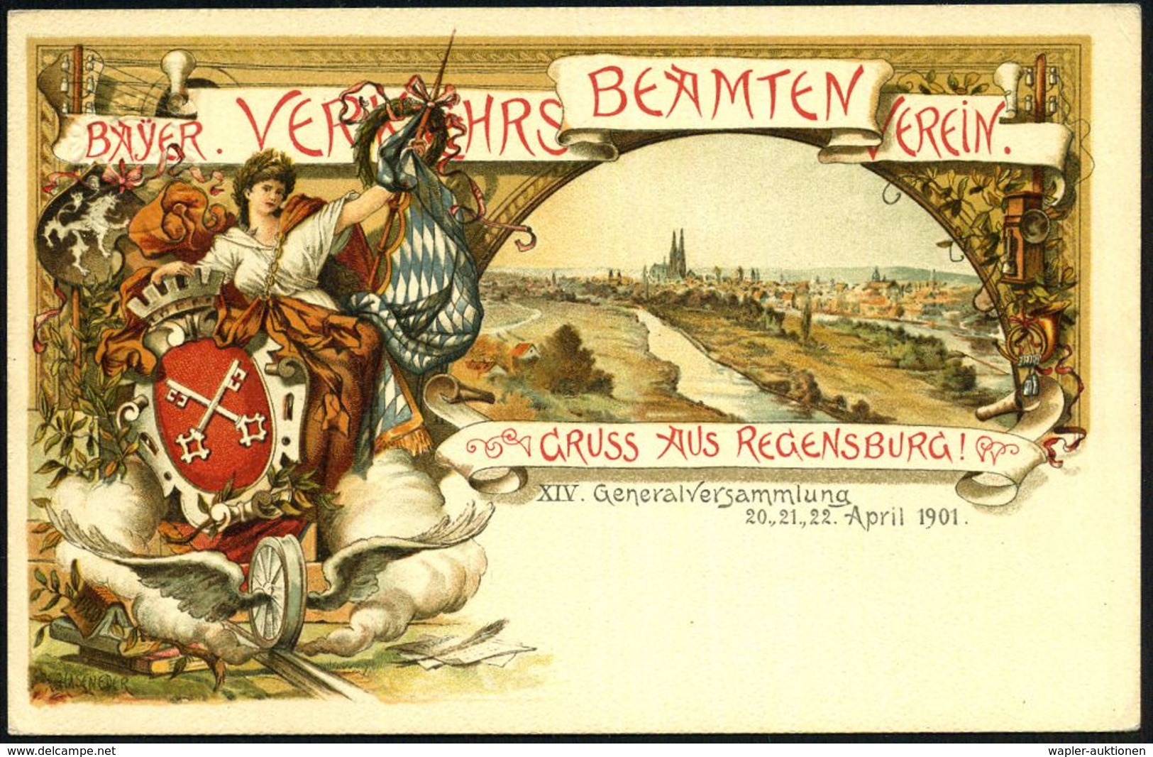 EISENBAHN (ALLGEMEIN) : Regensburg 1901 (Apr.) PP 5 Pf. Wappen, Grün: BAYER. VERKEHRS BEAMTEN VEREIN,.. XIV. Generalvers - Trains