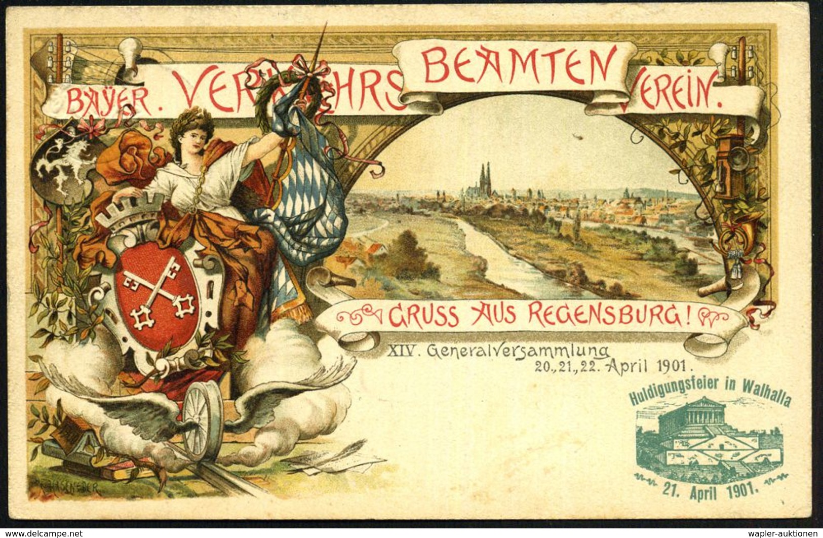 EISENBAHN (ALLGEMEIN) : Regensburg 1908 (18.8.) PP 5 Pf. Wappen, Grün: BAYER. VERKEHRS BEAMTEN VEREIN.. XIV. Generalvers - Trains