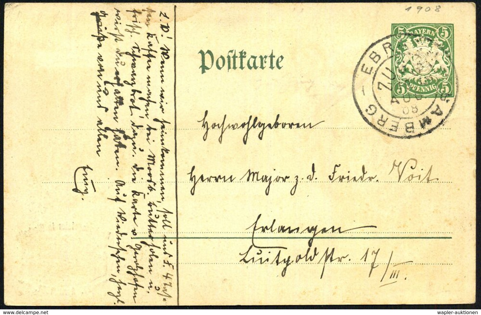 EISENBAHN (ALLGEMEIN) : Regensburg 1908 (18.8.) PP 5 Pf. Wappen, Grün: BAYER. VERKEHRS BEAMTEN VEREIN.. XIV. Generalvers - Trains