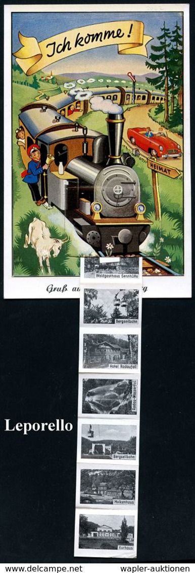 EISENBAHN (ALLGEMEIN) : B.R.D. 1955 (ca.) Künstler-Color-Ak.: "Jch Komme!", Gruß Aus Bad Harzburg = Leporello Mit 10 Min - Trains