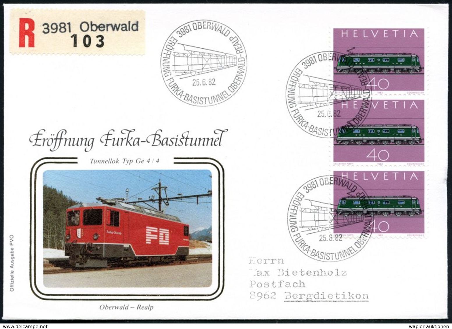 EISENBAHN (ALLGEMEIN) : SCHWEIZ 1982 (25.6.) SSt: 3981 OBERWALD/ERÖFFNUNG FURKA-BASISTUNNEL.. (2 Güter-Waggons) 3x Auf 3 - Eisenbahnen