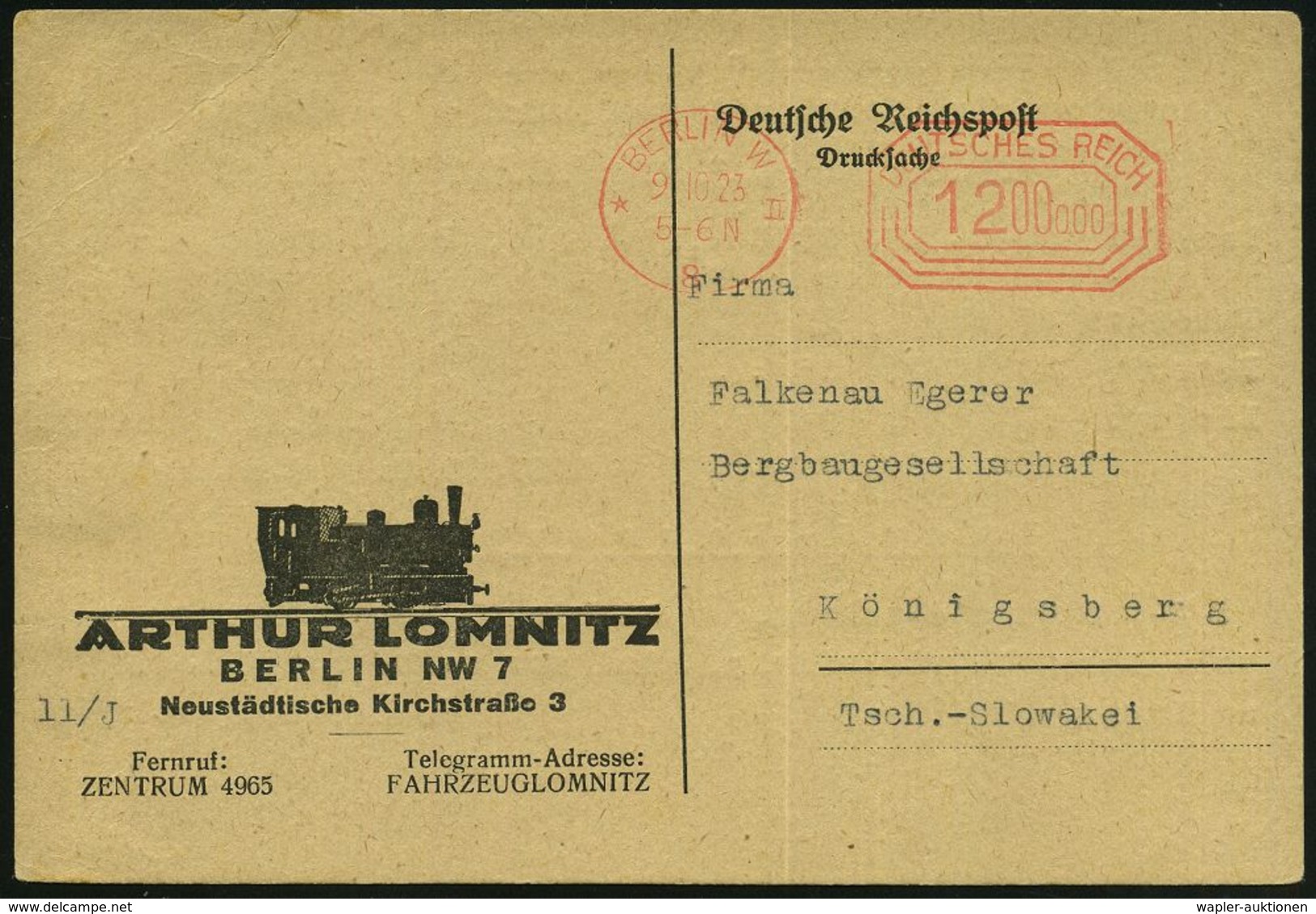 EISENBAHN-INDUSTRIE / LOK- & WAGGON-HERSTELLER : BERLIN W/ *8II/ DEUTSCHES REICH 1923 (9.10.) Infla-PFS 1200ooo Mio. Mk. - Treni