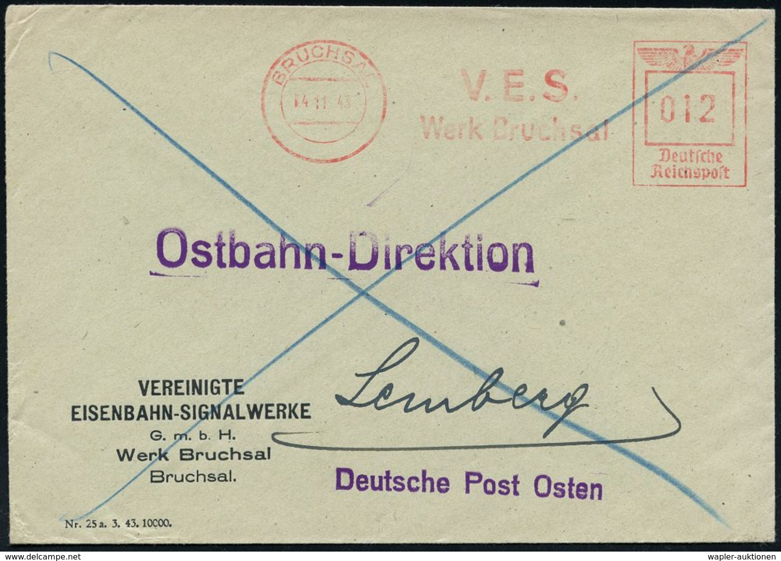 EISENBAHN-INDUSTRIE / LOK- & WAGGON-HERSTELLER : BRUCHSAL / V.E.S./ Werk Bruchsal 1943 (4.11.) AFS 012 Pf. = V(ereinigte - Trains