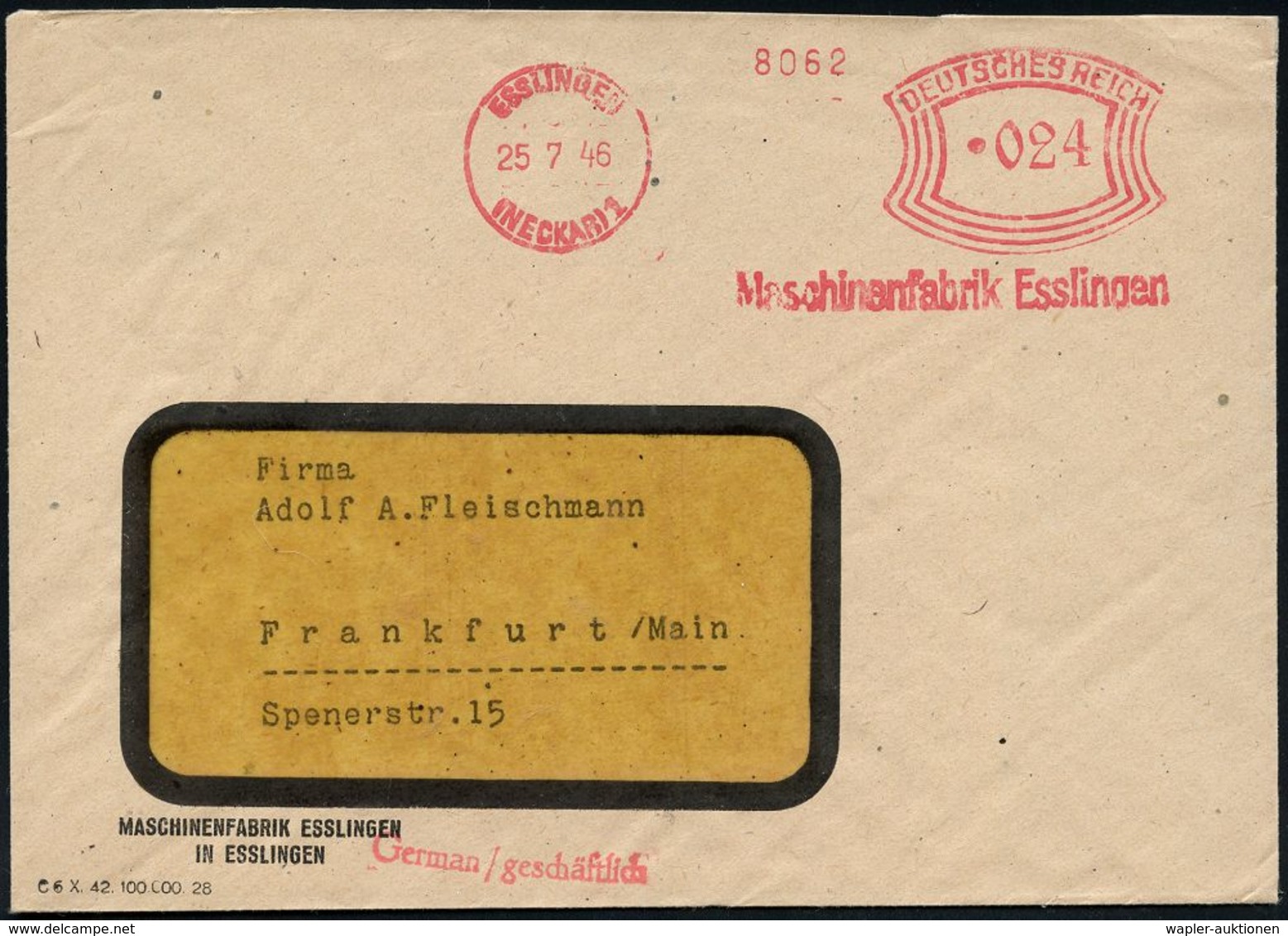 EISENBAHN-INDUSTRIE / LOK- & WAGGON-HERSTELLER : ESSLINGEN/ (NECKAR)1/ Maschinenfabrik Esslingen 1946 (25.7.) AFS Bogenr - Trains