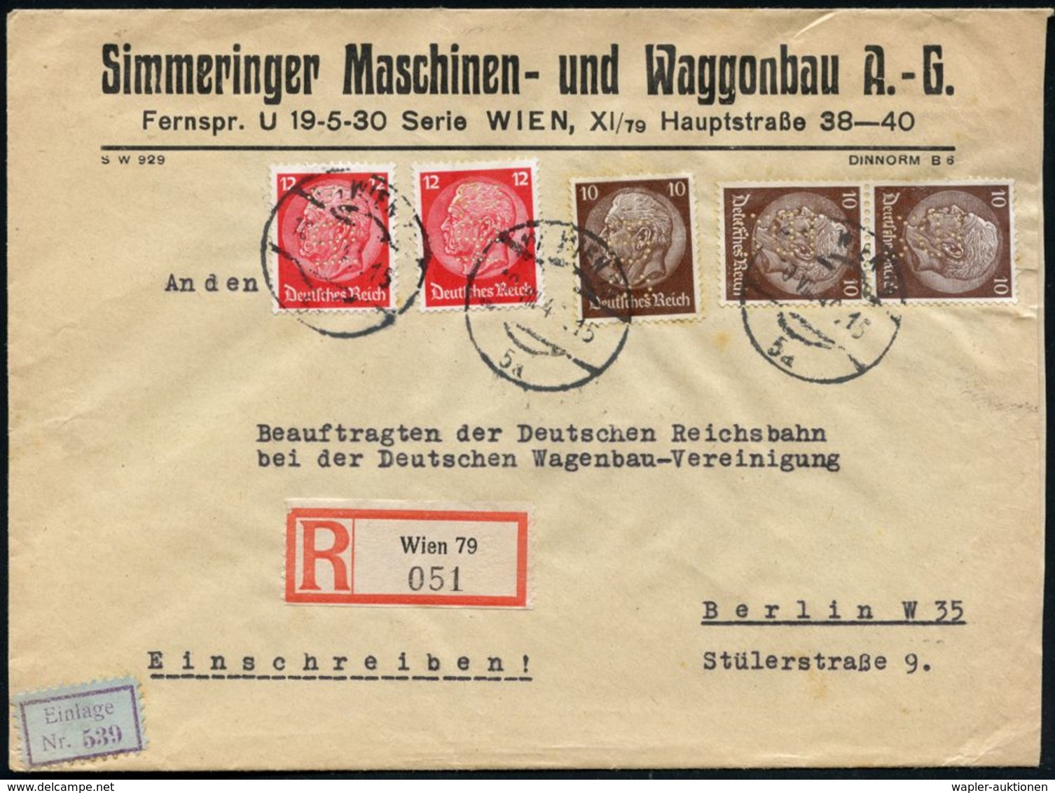 EISENBAHN-INDUSTRIE / LOK- & WAGGON-HERSTELLER : Wien 79 1940 (10.8.) 3x 10 Pf. Hindenbg. U. 2x 12 Pf. Hindenbg., Alle M - Treni