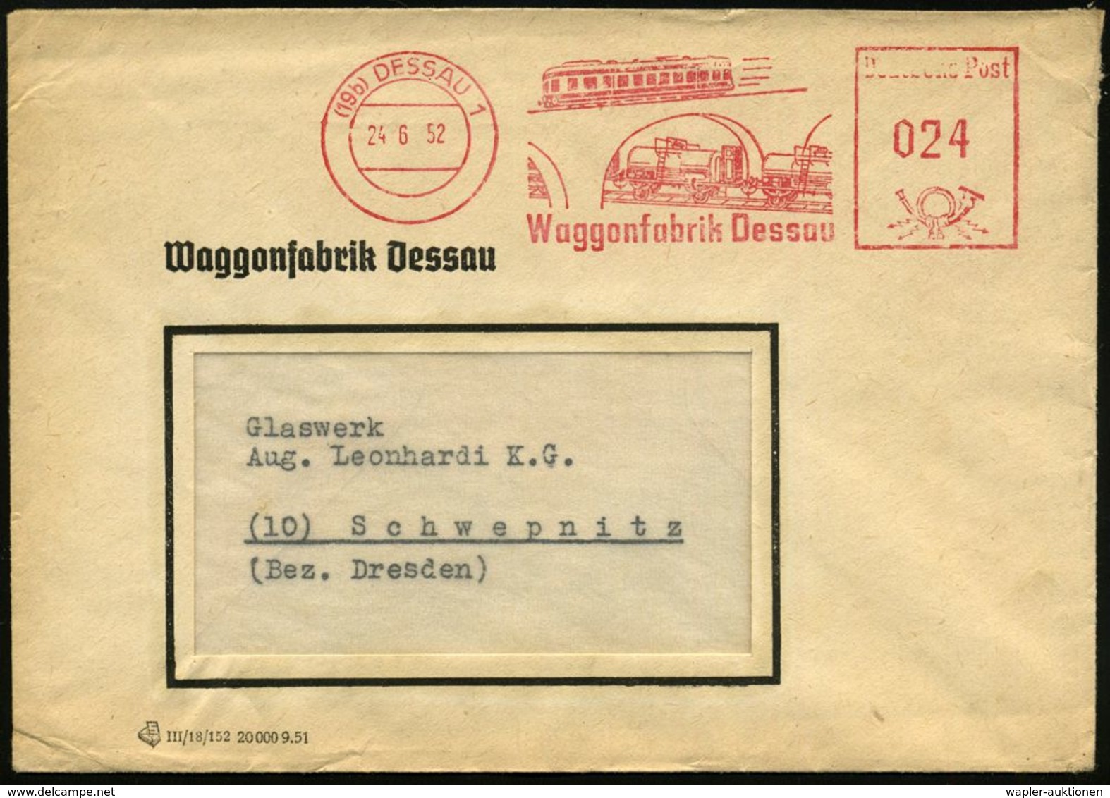 LOKOMOTIVEN & WAGGON-MOTIVE : (19b) DESSAU 1/ Waggonfabrik Dessau 1952 (24.6.) Dekorat. AFS = Diesel-Triebwagen, Kesselw - Trains