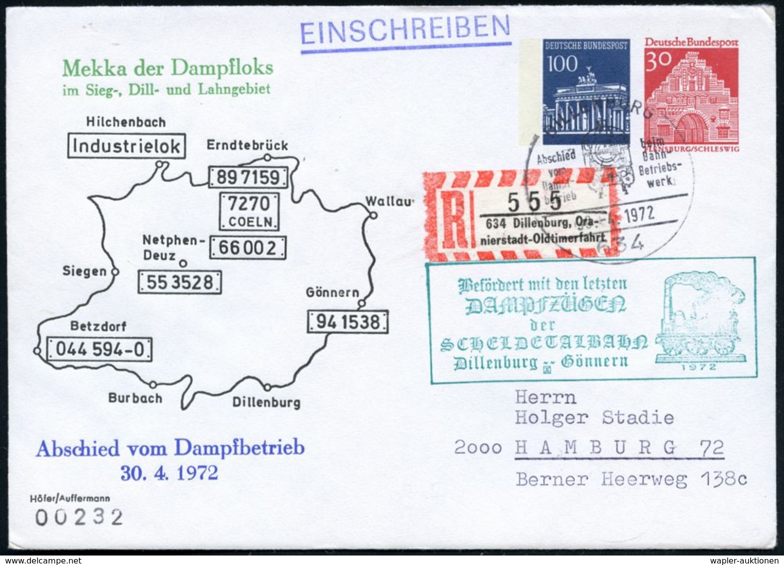 LOKOMOTIVEN & WAGGON-MOTIVE : 634 DILLENBURG/ Abschied/ Vom/ Dampfbetrieb.. 1972 (30.4.) SSt = Dampflok + Grüner Ra.5: B - Trains