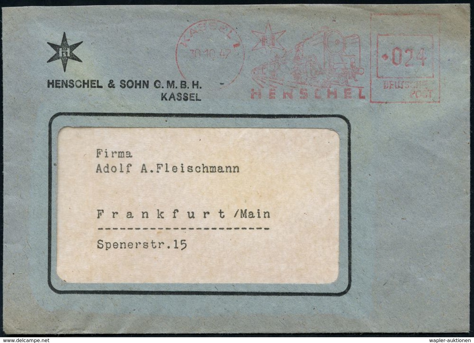 LOKOMOTIVEN & WAGGON-MOTIVE : KASSEL 1/ HENSCHEL 1947 (30.10.) Seltener, Aptierter AFS Francotyp "Reichsadler ANTIQUA" = - Trains