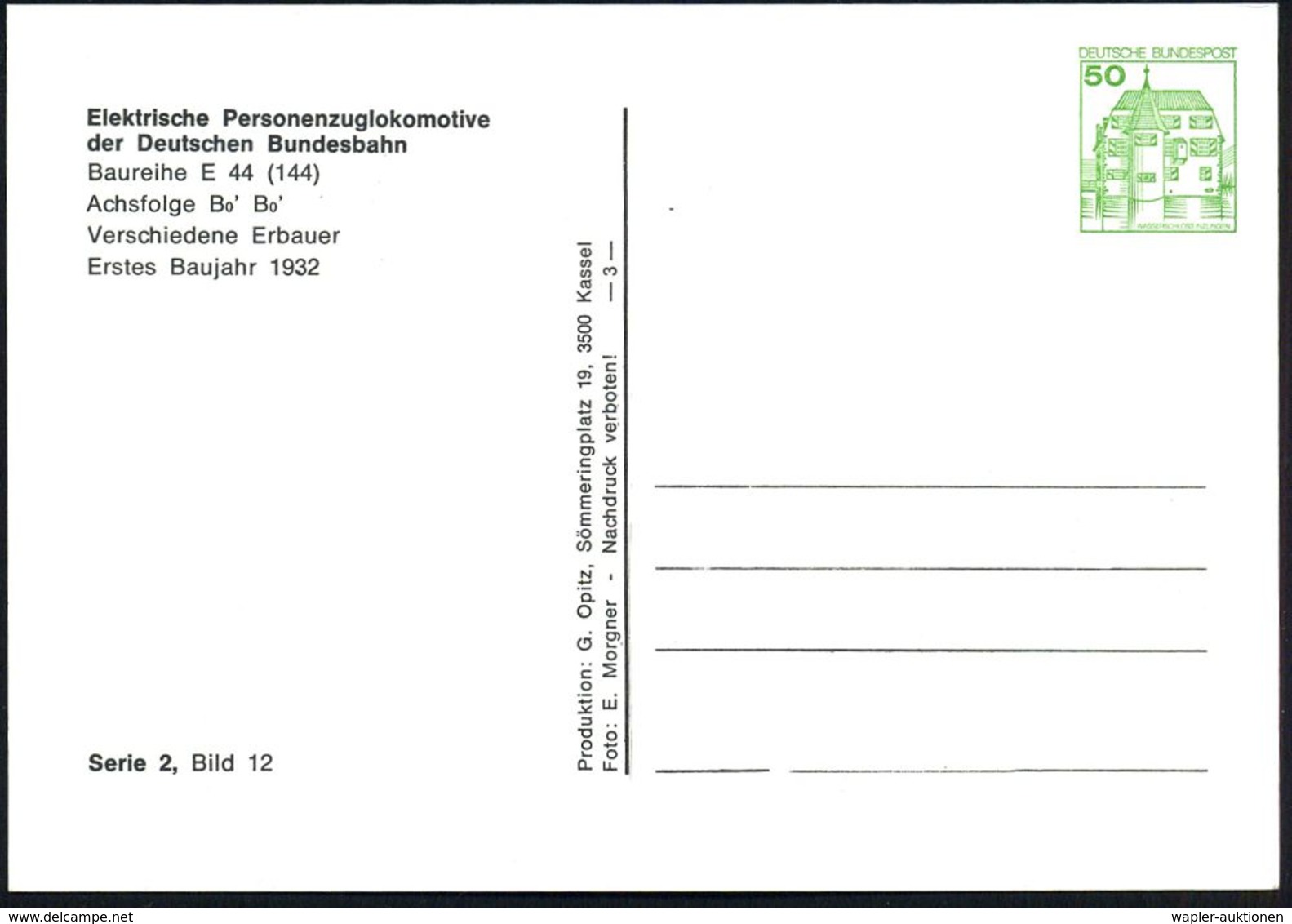 LOKOMOTIVEN & WAGGON-MOTIVE : B.R.D. 1985 PP 50 Pf. Burgen, Grün: Personenzug-E-Lok Baureihe 144 In 2 Varianten Ohne Und - Trains