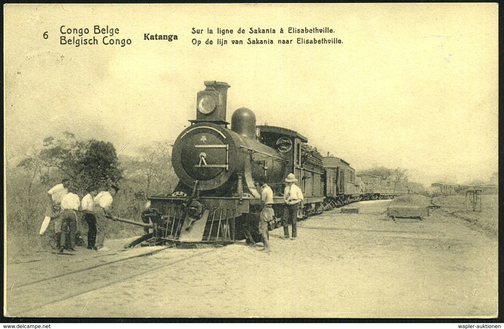 LOKOMOTIVEN & WAGGON-MOTIVE : BELGISCH-KONGO 1913 (15.11.) 10 C. BiP Palmen, Braun: Dampflok Der Linie Sakania - Elisabe - Trains