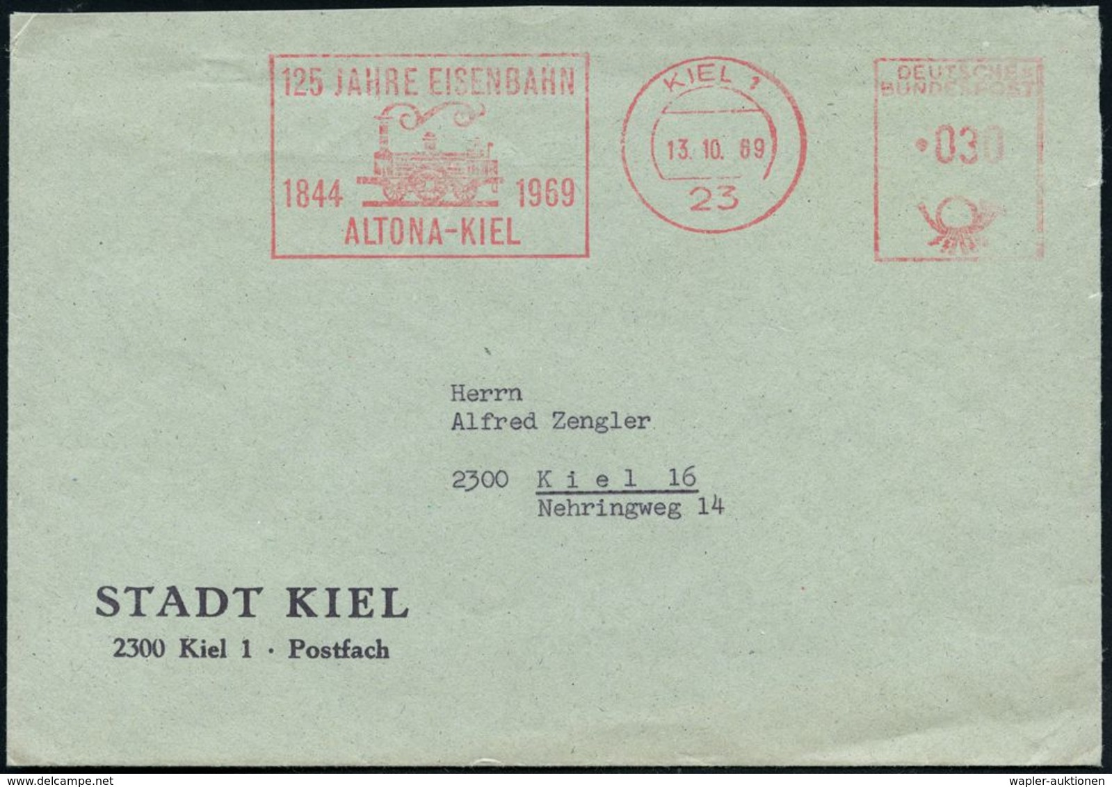 EISENBAHN-JUBILÄEN & SONDERFAHRTEN : 23 KIEL 1/ 125 JAHRE EISENBAHN/ 1844 1969/ ALTONA-KIEL 1969 (13.10.) Jubil.-AFS = H - Treni