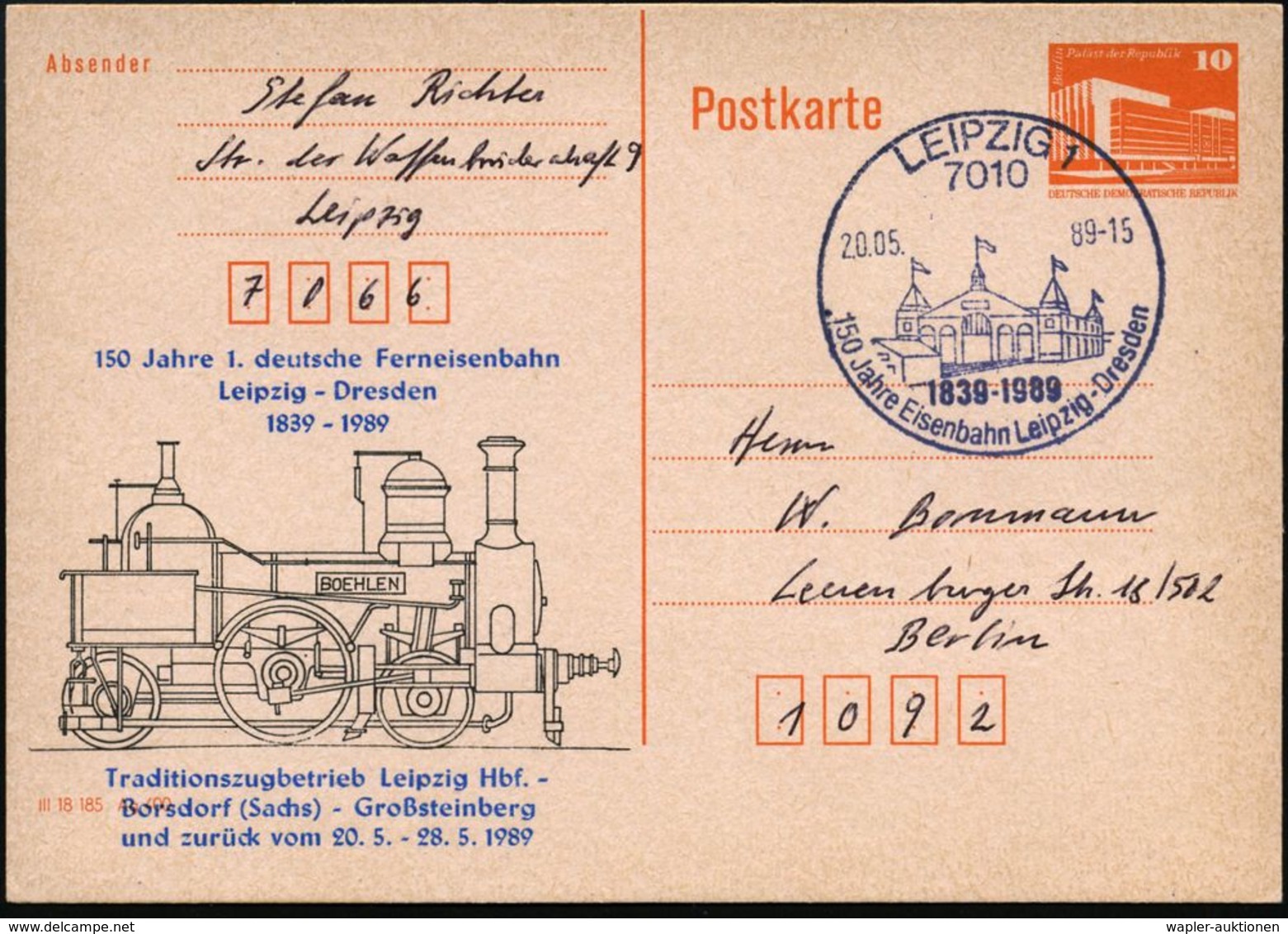 EISENBAHN-JUBILÄEN & SONDERFAHRTEN : 7010 LEIPZIG 1/ 150 Jahre Eisenbahn Leipzig-Dresden 1989 (20.5.) SSt = Bahnhof Auf  - Treni