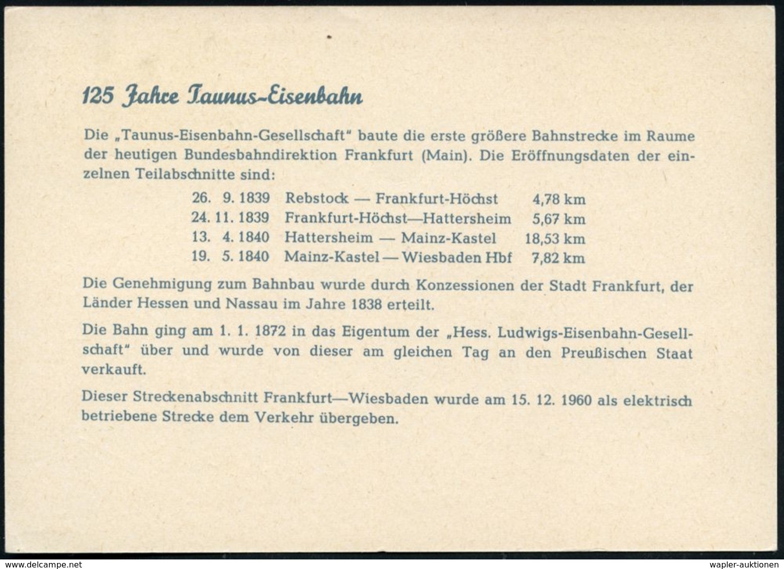 EISENBAHN-JUBILÄEN & SONDERFAHRTEN : 62 WIESBADEN/ 125 Jahre Taunuseisenbahn.. 1965 (13.4.) SSt = E-Lok, Dampfzug Auf Be - Treni