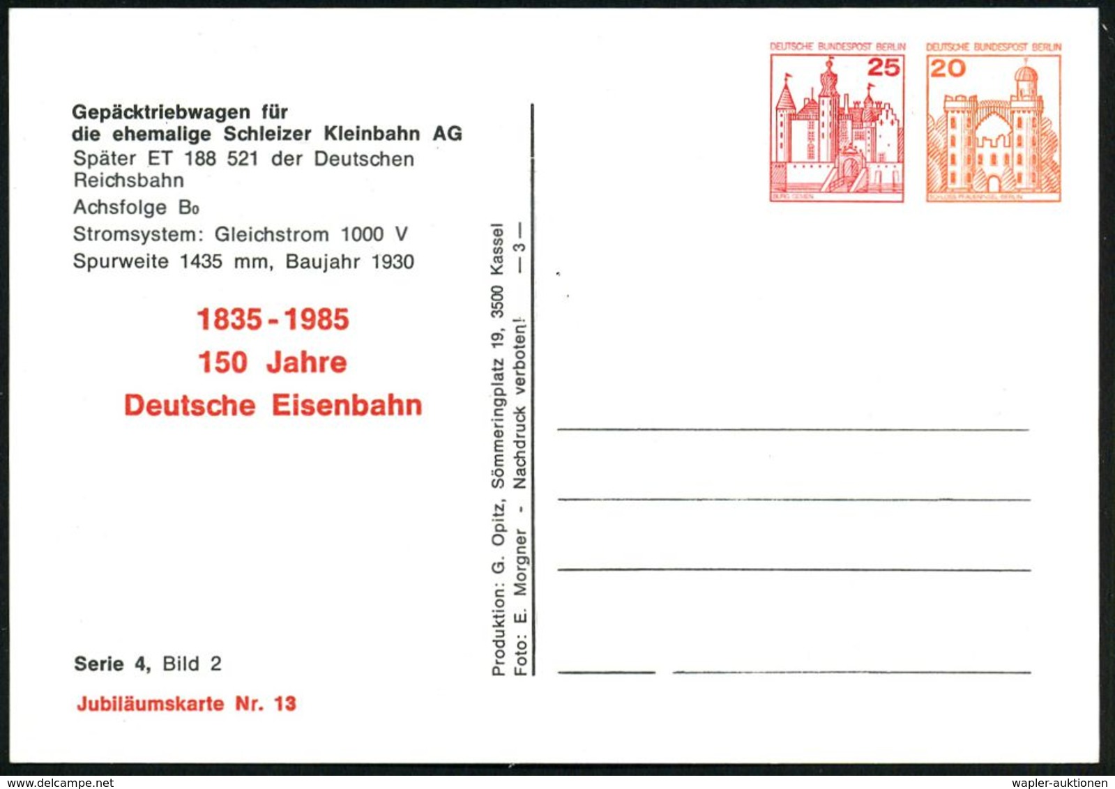 EISENBAHN-JUBILÄEN & SONDERFAHRTEN : BERLIN 1985 PP 25 Pf. + 20 Pf. Burgen: Gepäcktriebwagen Schleizer Kleinbahn + Zudru - Treni