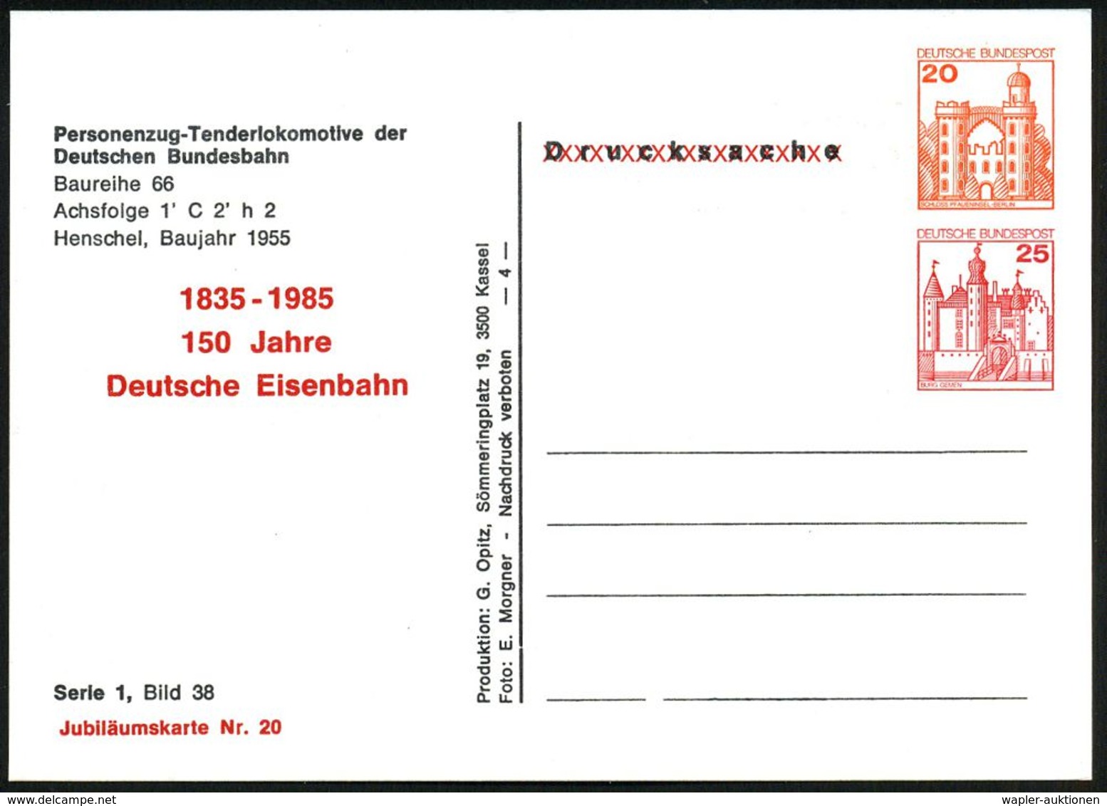 EISENBAHN-JUBILÄEN & SONDERFAHRTEN : B.R.D. 1985 PP 20 Pf. + 25 Pf. Burgen: Tender-Dampflok Baureihe 66 (Fa. Henschel, K - Treni