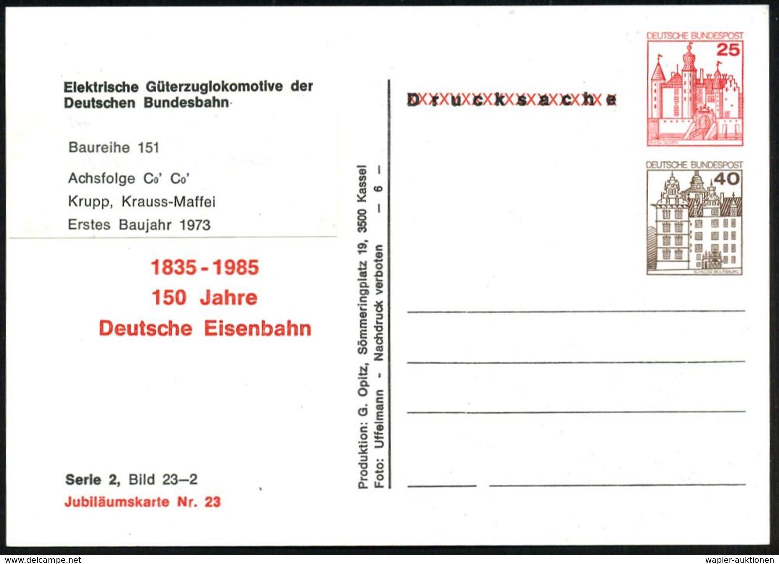 EISENBAHN-JUBILÄEN & SONDERFAHRTEN : B.R.D. 1985 PP 25 Pf. + 40 Pf. Burgen: Güterzug-E-Lok Baureihe 151 (Fa. Krauss-Maff - Treni