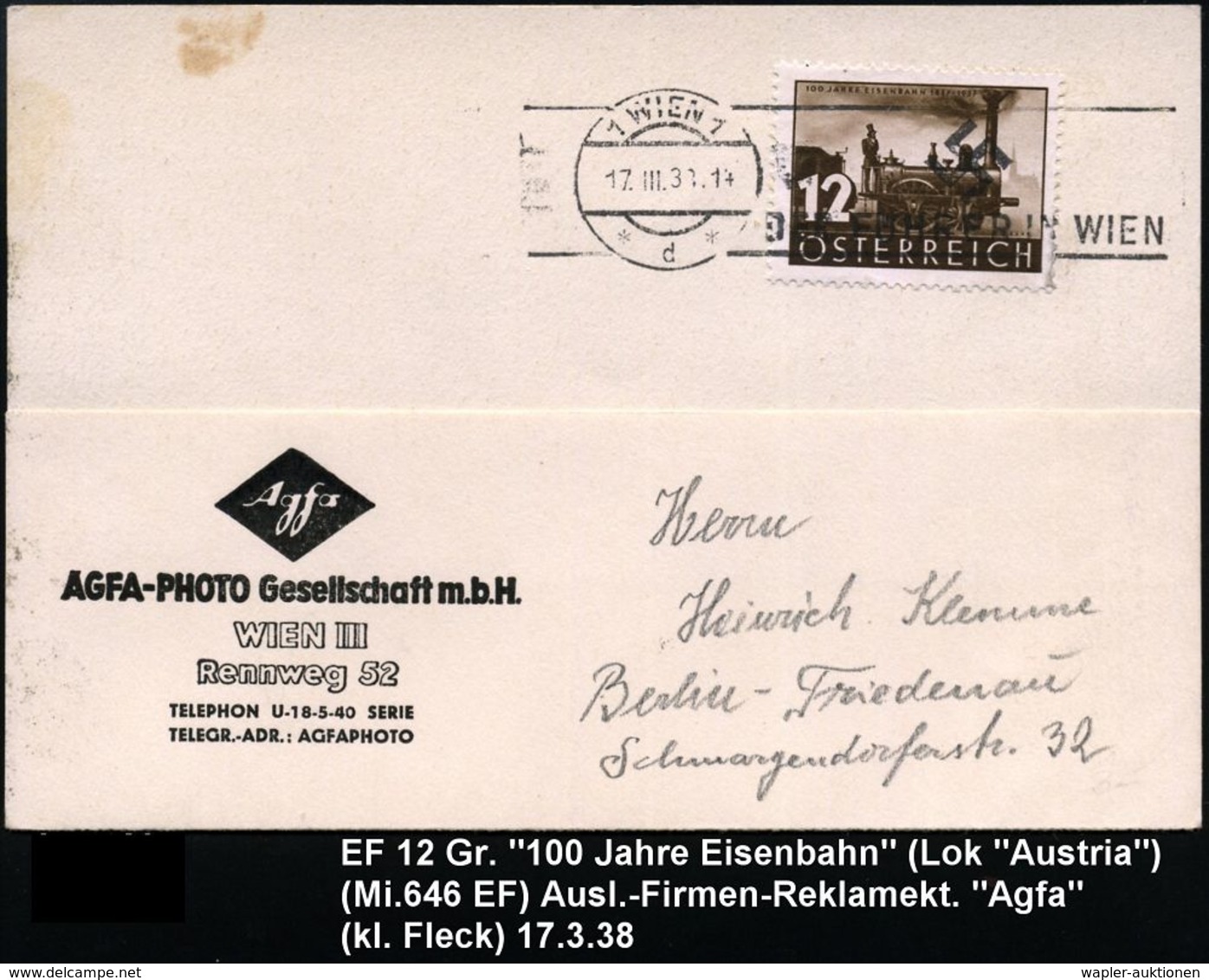 EISENBAHN-JUBILÄEN & SONDERFAHRTEN : ÖSTERREICH 1938 (17.3.) 12 Gr. "100 Jahre Eisenbahn", EF = Dampflok "Austria" , Sau - Trains