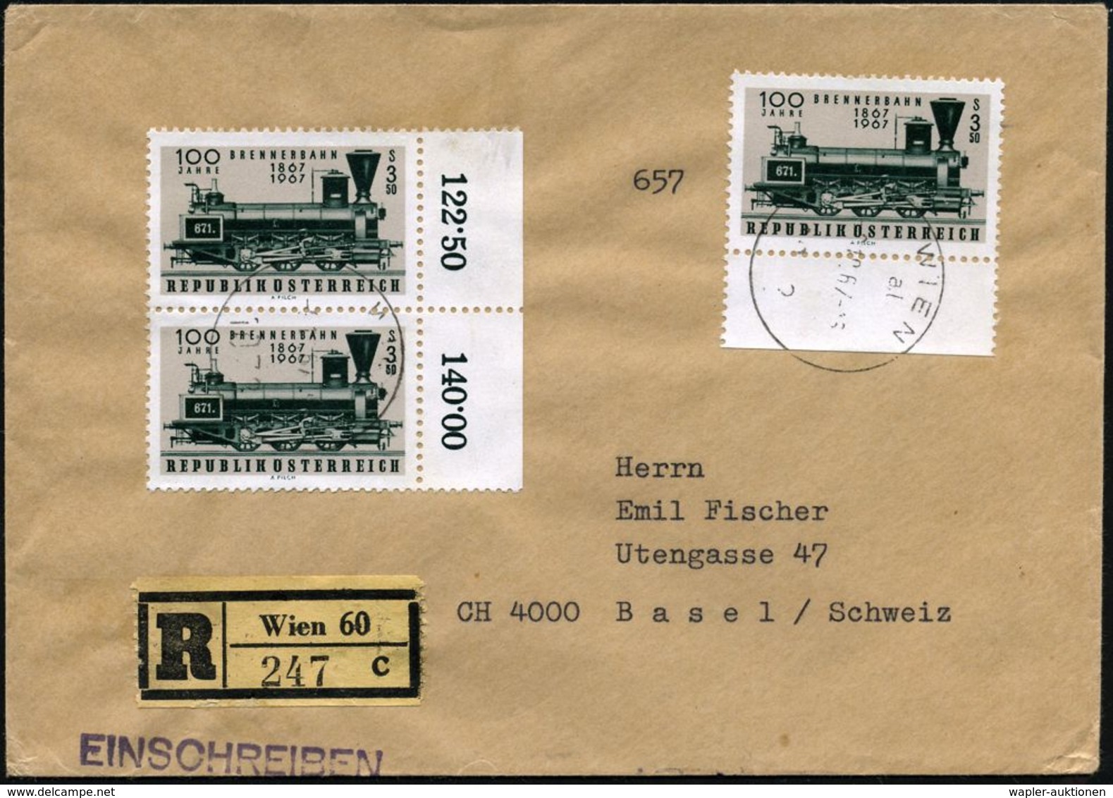 EISENBAHN-JUBILÄEN & SONDERFAHRTEN : ÖSTERREICH 1967 (Okt.) 3,50 S. "100 Jahre Brennerbahn", Reine MeF: Randpaar + Unter - Trains