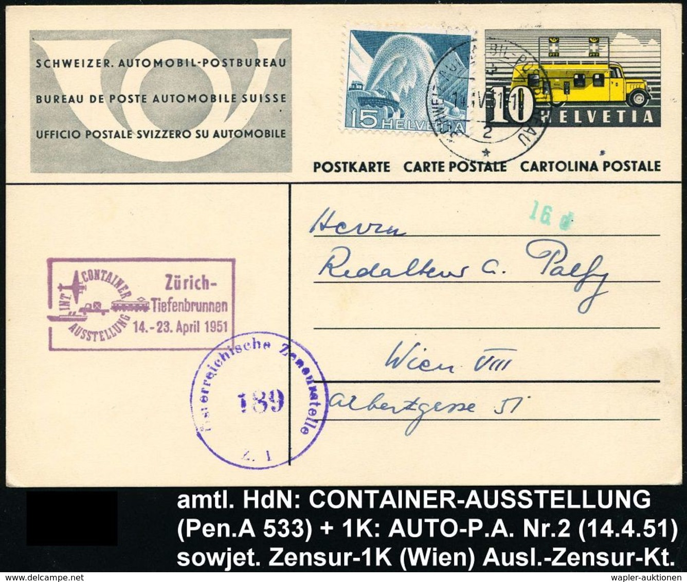 TRANSPORT- & VERKEHRS-AUSSTELLUNGEN / VERKEHRSKONGRESSE : SCHWEIZ 1951 (14.4.) Amtl., Viol. Ra.2: Zürich-/Tiefenbrunnen/ - Trains