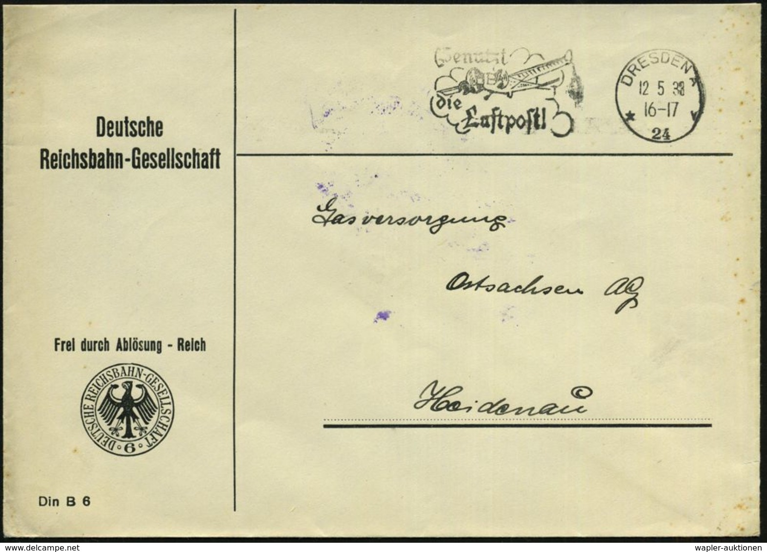 EISENBAHN-GESELLSCHAFTEN / REICHSBAHN / BUNDESBAHN : Dresden A/ *24v/ Benutzt/ Die/ Luftpost! 1938 (12.5.) MWSt Auf Dien - Trains