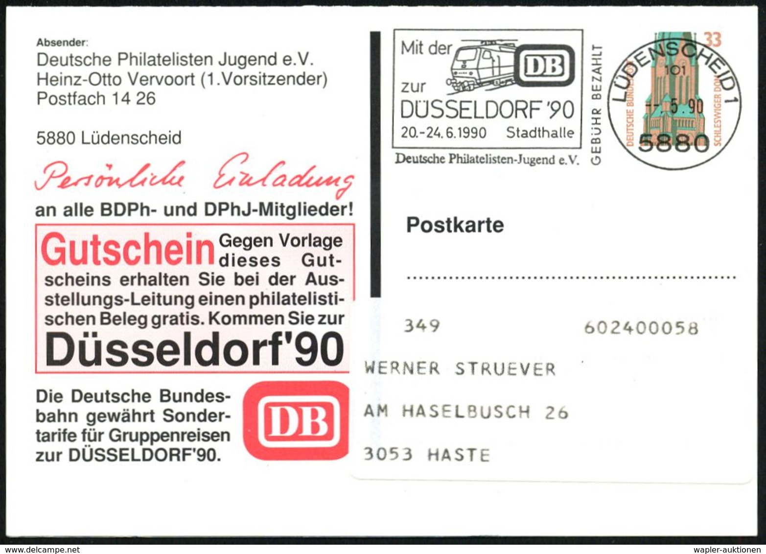 EISENBAHN-GESELLSCHAFTEN / REICHSBAHN / BUNDESBAHN : 5880 LÜDENSCHEID 1/ 101/ GEBÜHR BEZAHLT/ Mit Der DB/ Zur/ DÜSSELDOR - Trains