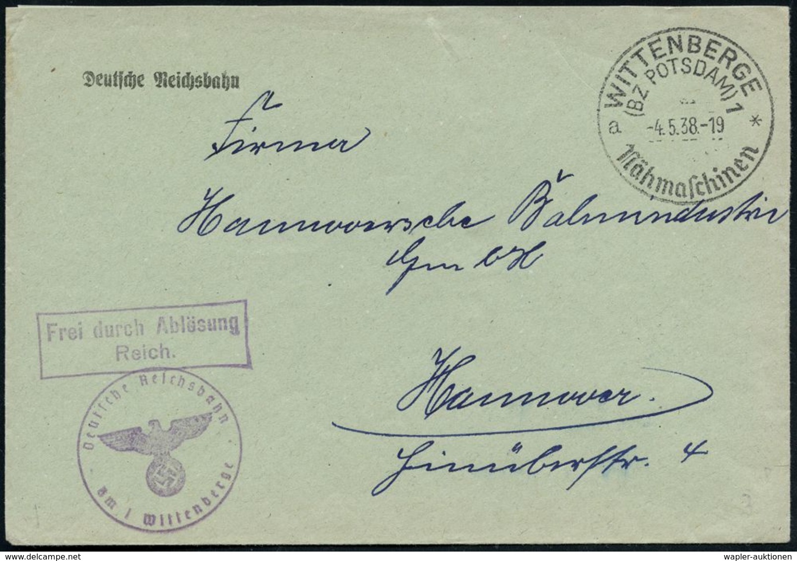 EISENBAHN-GESELLSCHAFTEN / REICHSBAHN / BUNDESBAHN : WITTENBERGE/ (BZ POTSDAM)1/ A/ Nähmaschinen 1938 (4.5.) HWSt + Ra.2 - Eisenbahnen