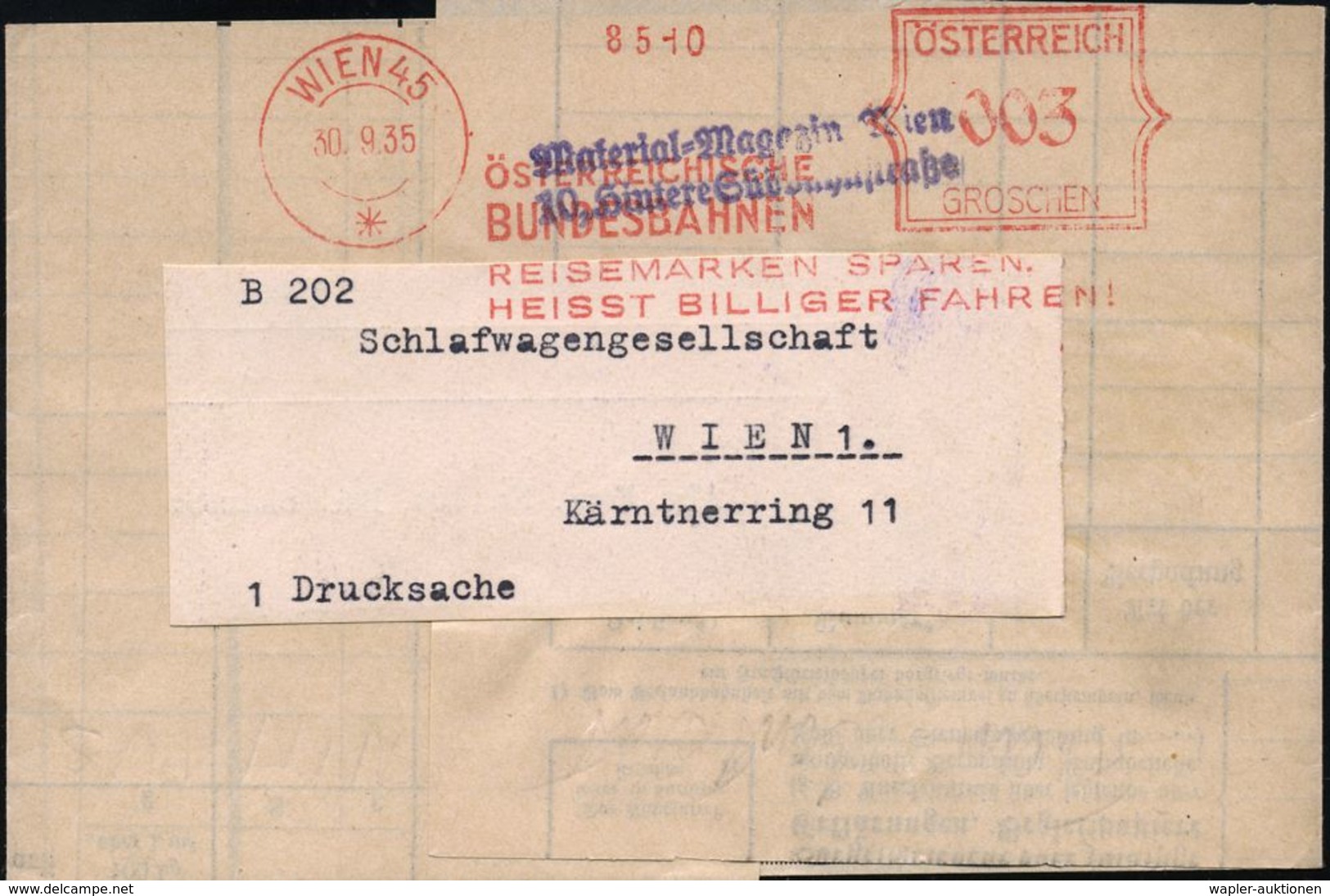 EISENBAHN-GESELLSCHAFTEN / REICHSBAHN / BUNDESBAHN : ÖSTERREICH 1935 (30.9.) AFS: WIEN 45/*/ÖSTERREICHISCHE/ BUNDESBAHNE - Eisenbahnen