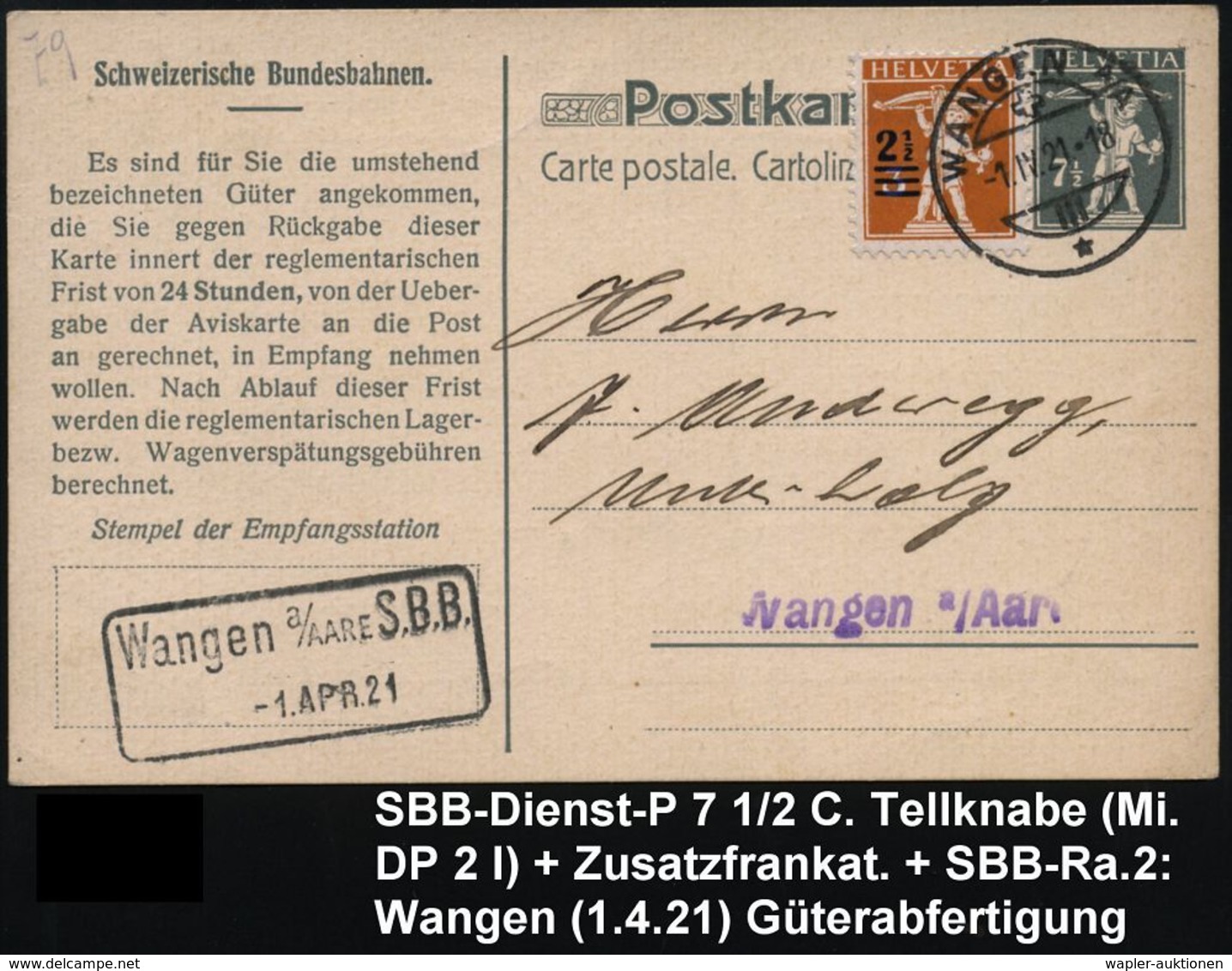 EISENBAHN-GESELLSCHAFTEN / REICHSBAHN / BUNDESBAHN : SCHWEIZ 1921 (1.4.) Dienst-P 7 1/2 C. Tellknabe: Schweiz. Bundesbah - Eisenbahnen