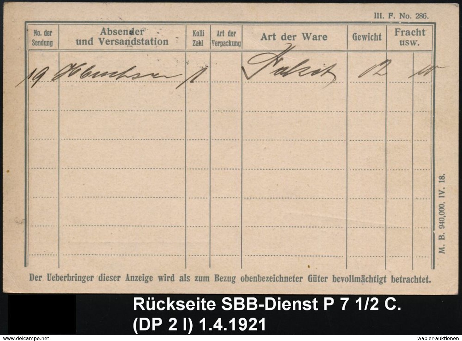 EISENBAHN-GESELLSCHAFTEN / REICHSBAHN / BUNDESBAHN : SCHWEIZ 1921 (1.4.) Dienst-P 7 1/2 C. Tellknabe: Schweiz. Bundesbah - Treni