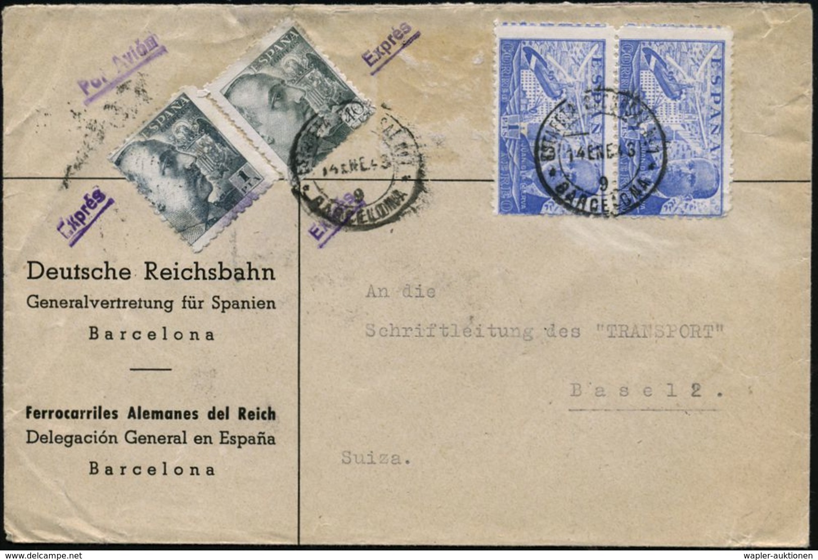 EISENBAHN-GESELLSCHAFTEN / REICHSBAHN / BUNDESBAHN : SPANIEN 1943 (14.1.) Dienst-Bf: Deutsche Reichsbahn/Generalvertretu - Eisenbahnen