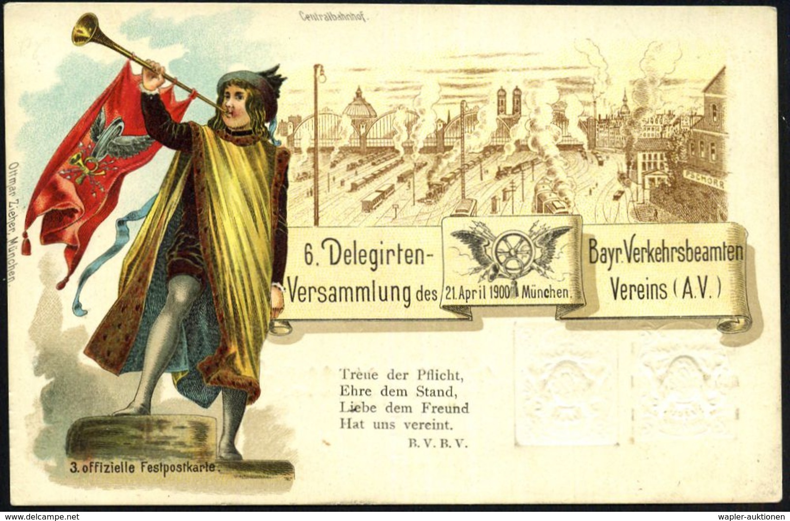 BAHNHOF / BAHNHOFS-POSTÄMTER : München 1900 (21.4.) PP 3 Pf./2 Pf. Wappen, Neuer Wertstempel: 6. Delegirten- Bayr. Verke - Treni