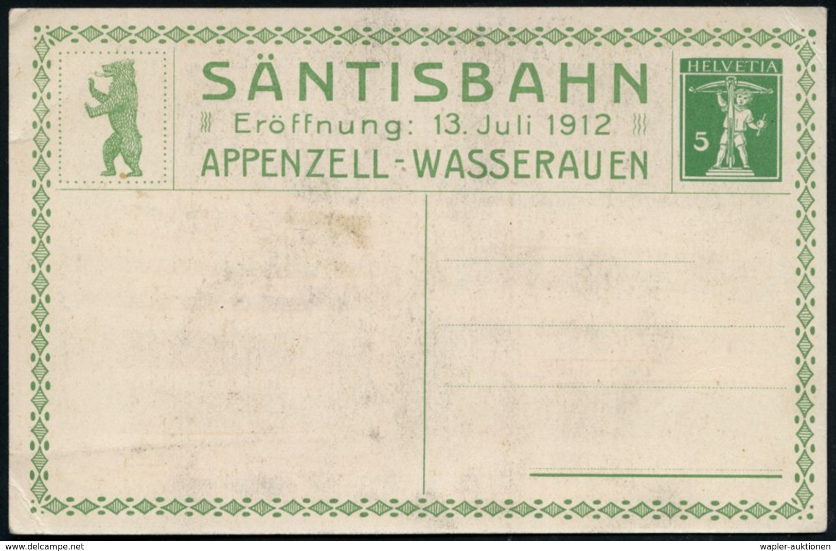 BERG-,ZAHNRAD-,SEIL- & GONDEL-BAHNEN : SCHWEIZ 1912 (13.7.) PP 5 C. Tellknabe, Grün: SÄNTISBAHN Eröffnung: 13. Juli 1912 - Eisenbahnen