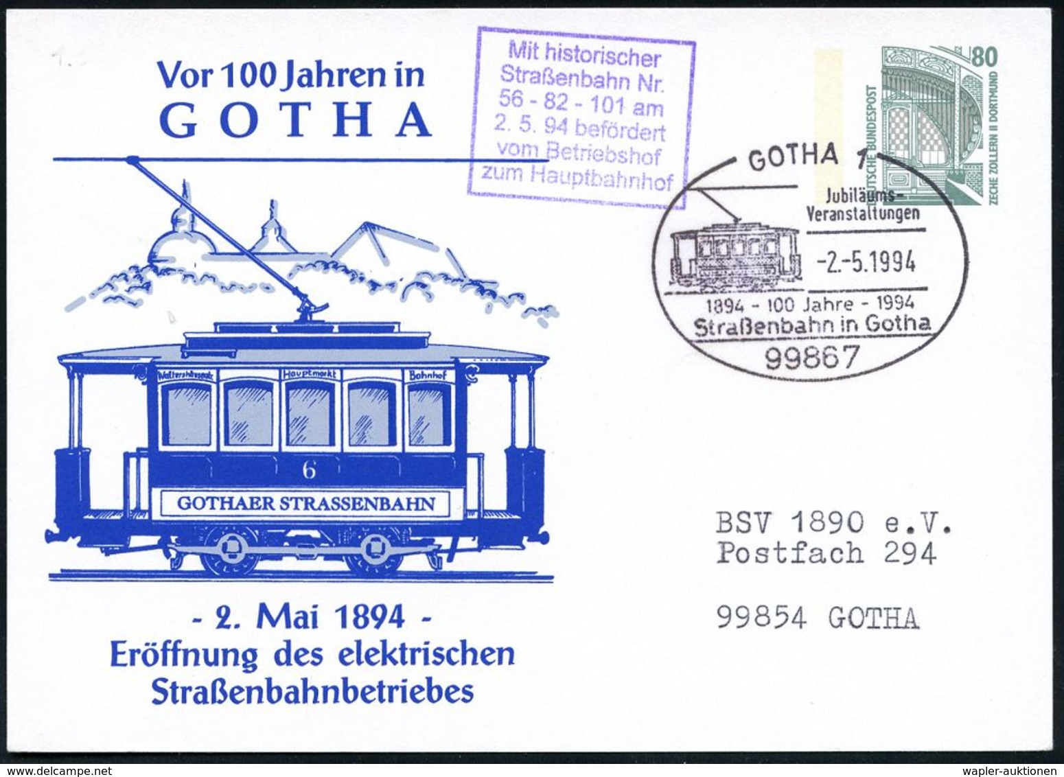 STRASSENBAHN / TRAM : 99867 GOTHA 1/ 1894../ 100 Jahre/ Straßenbahn In Gotha 1994 (2.5.) SSt = Histor. Tram + Viol. HdN: - Tranvie