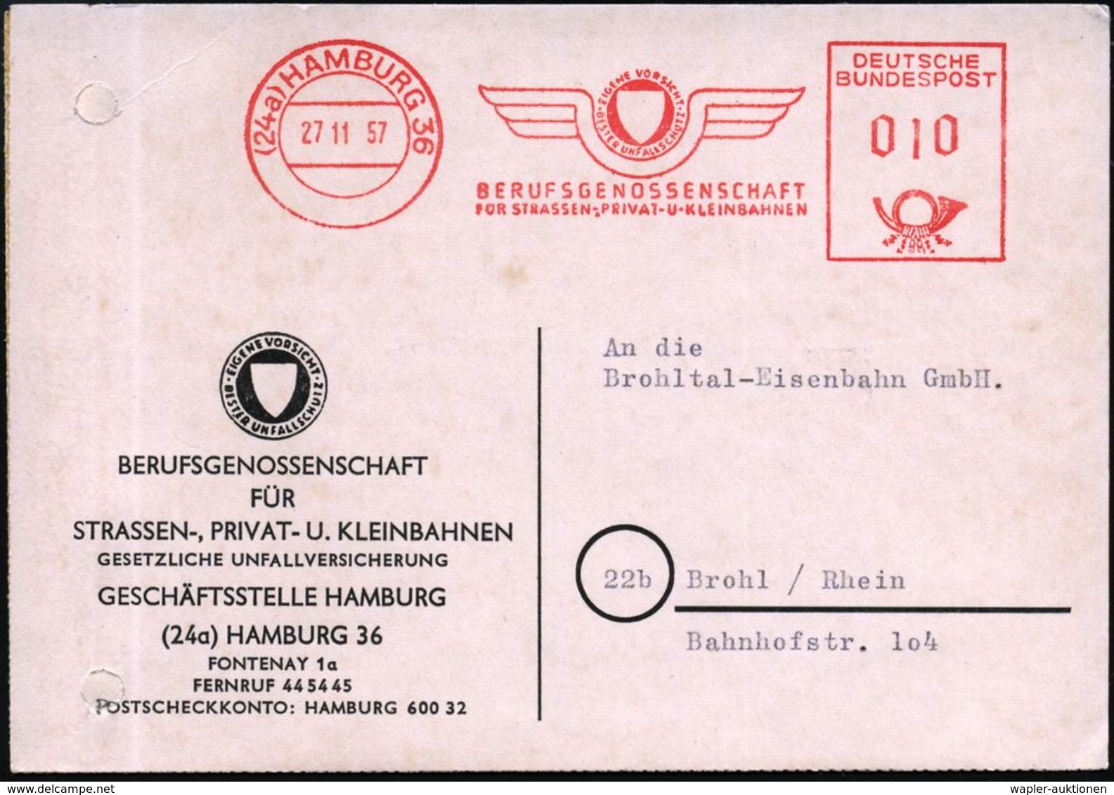 STRASSENBAHN / TRAM : (24a) HAMBURG 36/ BERUFSGENOSSENSCHAFT/ FÜR STRASSEN-,PRIVAT- U.KLEINBAHNEN 1957 (27.11.) AFS = An - Tranvie