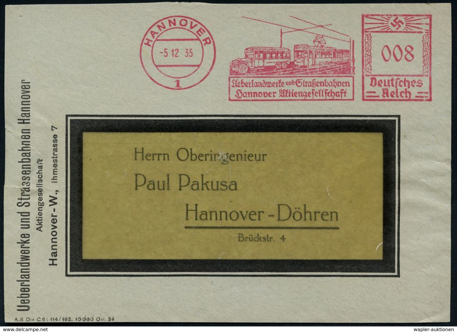 STRASSENBAHN / TRAM : HANNOVER 1/ Ueberlandwerke U.Straßenbahnen/ Hannover AG 1935 (5.12.) Dekorativer AFS = Tram U. Omn - Strassenbahnen