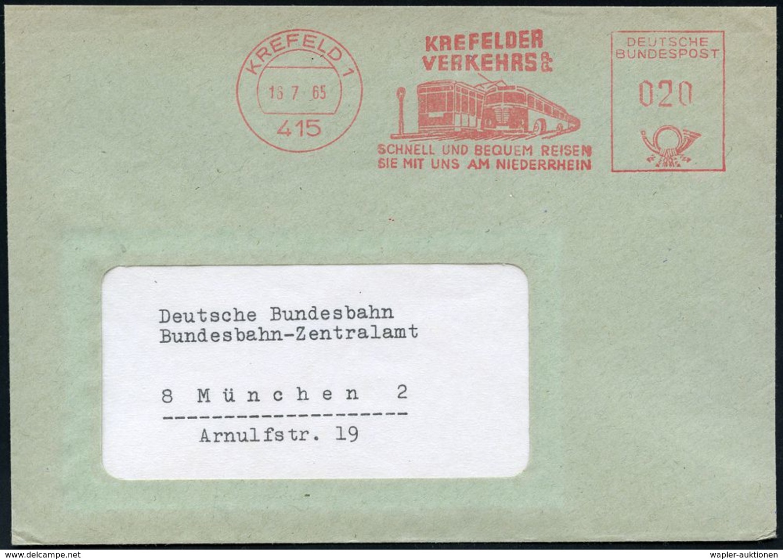 STRASSENBAHN / TRAM : 415 KREFELD 1/ KREFELDER/ VERKEHRS AG.. 1965 (16.7.) Dekorat. AFS = Tram (u. Büssing-Bus) , Rs. Ab - Tramways