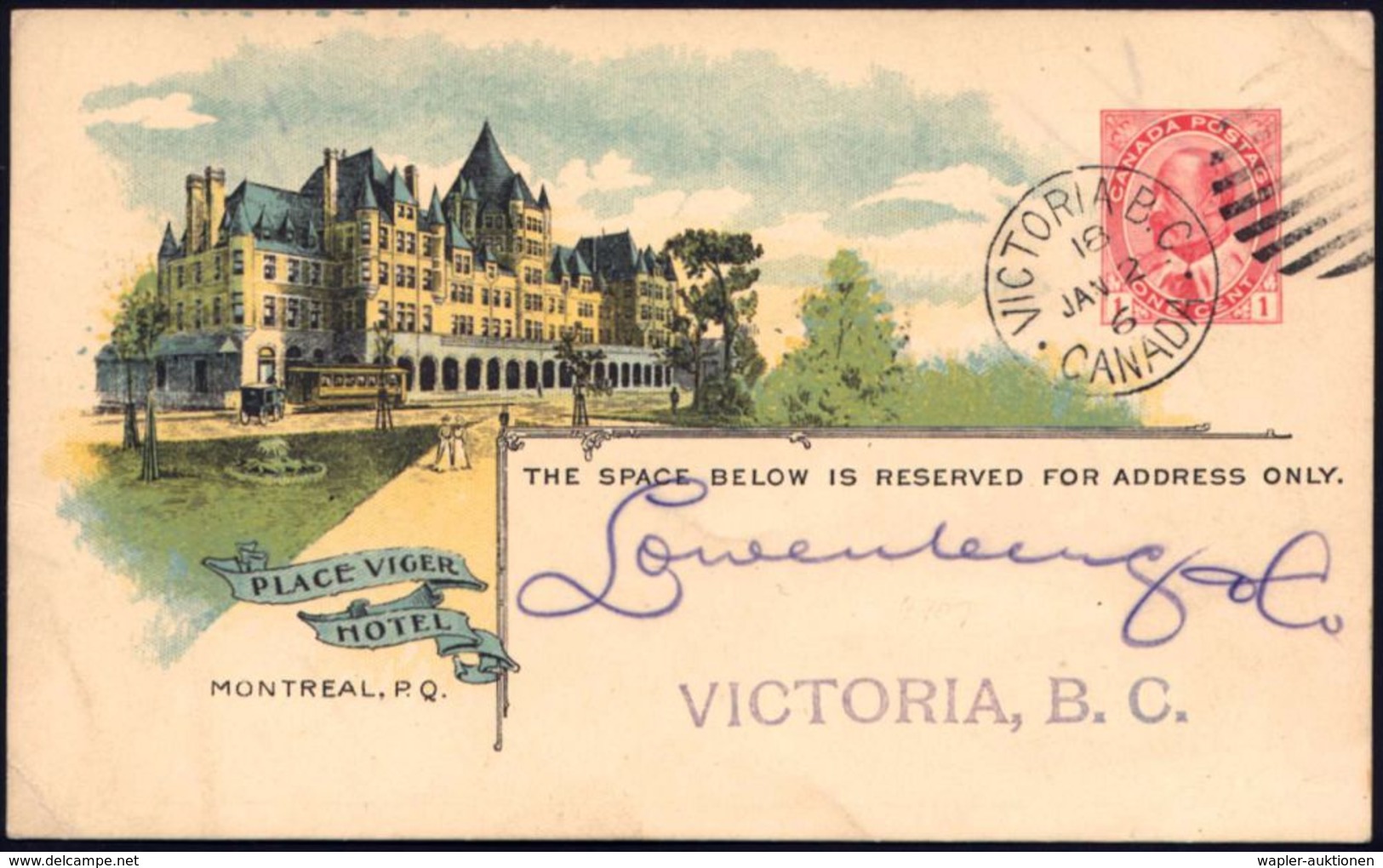 STRASSENBAHN / TRAM : CANADA 1906 (2.1.) PP 1 C. Eduard VII., Rosa: "CANADIAN PACIFIC RAILWAY COMP."/ PLACE VIGER HOTEL  - Tramways