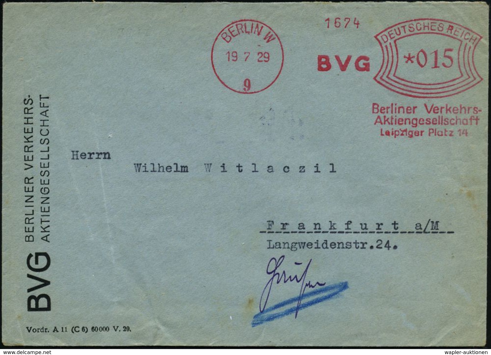 UNTERGRUNDBAHN /U-BAHN : BERLIN W/ 9/ BVG/ Berliner Verkehrs-/ AG 1929 (19.7.) Früher AFS Aus Dem Gründungsjahr Der BVG  - Trains
