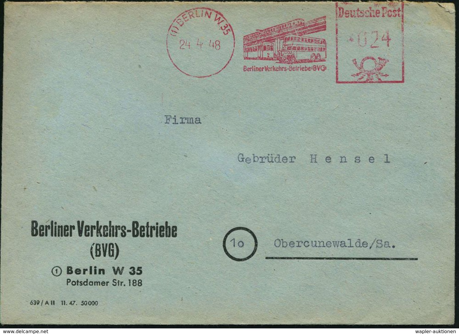 UNTERGRUNDBAHN /U-BAHN : (1) BERLIN W 35/ Berliner Verkehrs-Betriebe (BVG) 1948 (24.4.) Dekorat. AFS = U-Bahn Als Hochba - Trains