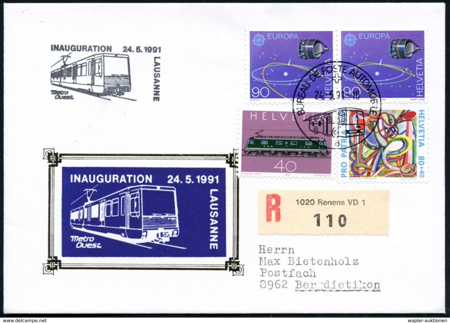 UNTERGRUNDBAHN /U-BAHN : SCHWEIZ 1991 (24.5.) Amtl.HdN: LAUSANNE/INAUGURATION/Metro/Ouest (Triebwagen) + 1K: AUTO-PA Nr. - Trains