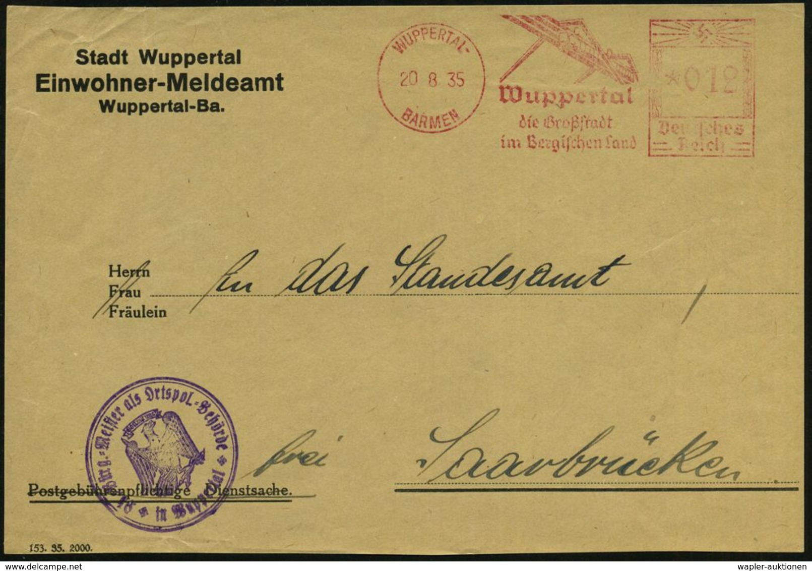 SCHWEBEBAHN WUPPERTAL : WUPPERTAL-/ BARMEN/ Die Großstadt/ Im Bergischen Land 1935 (20.8.) Dekorat. AFS = Schwebebahn Au - Trains